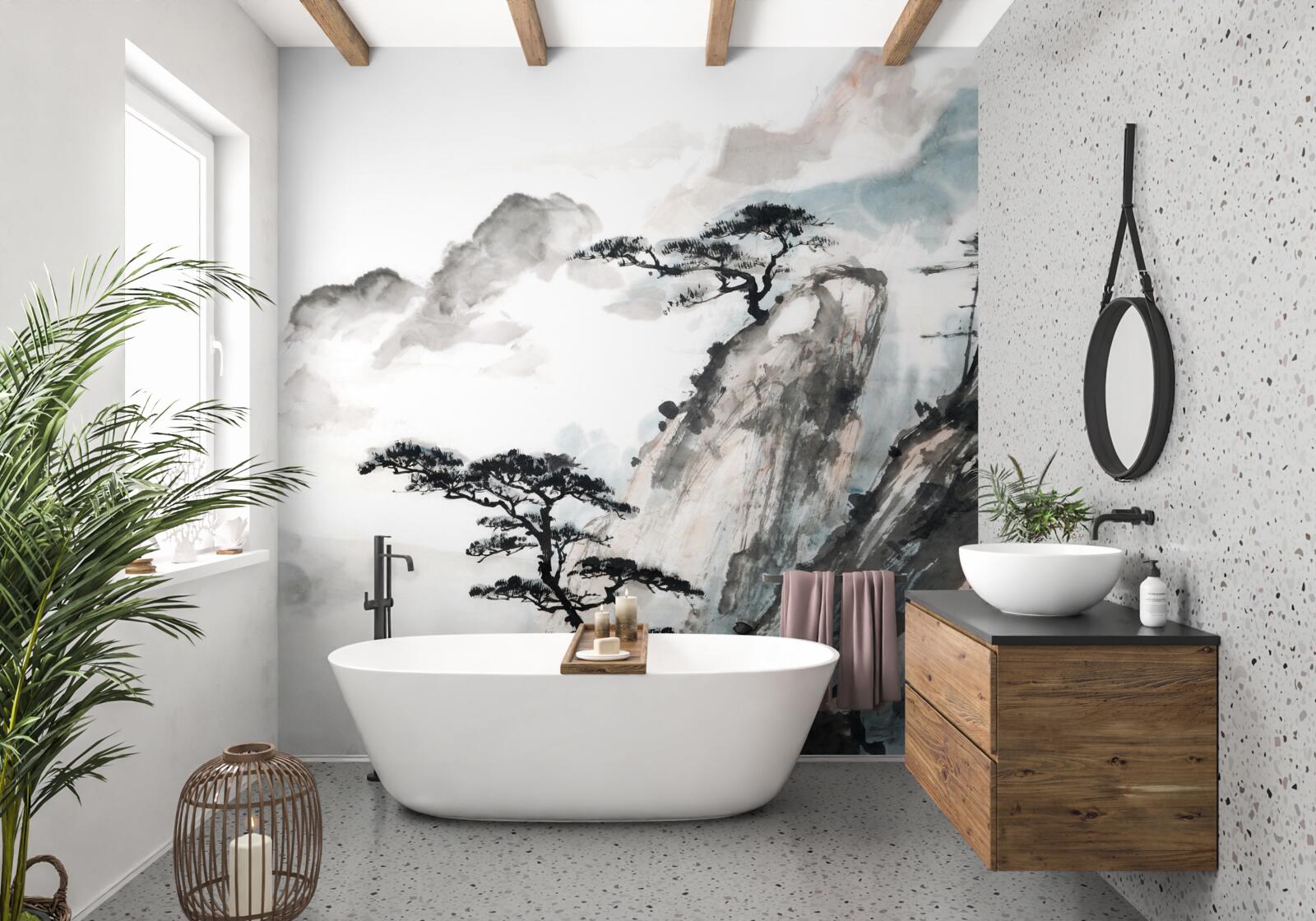 Fototapeta akvarel vodopádu a osamelých stromov