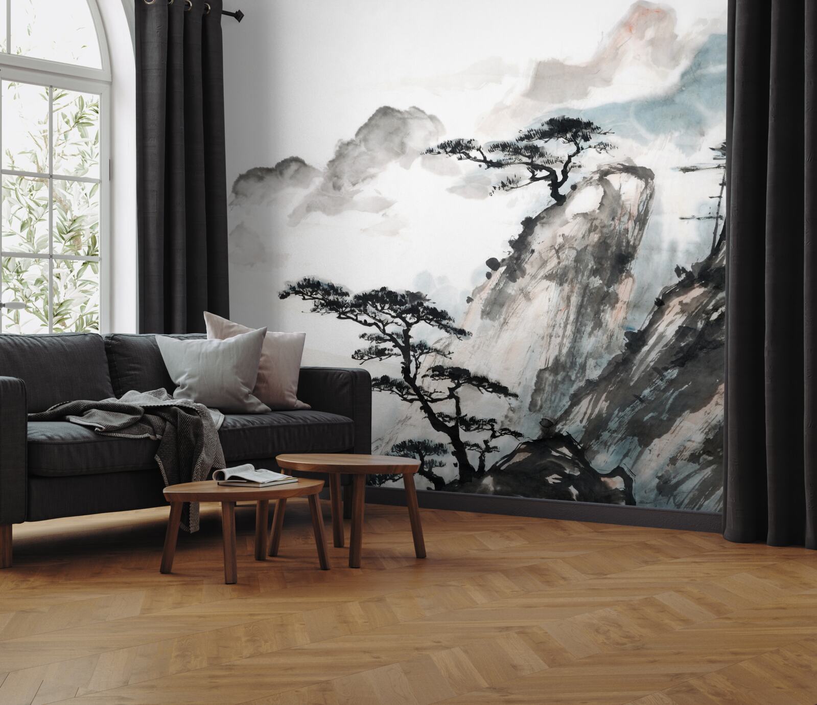 Fototapeta akvarel vodopádu a osamelých stromov