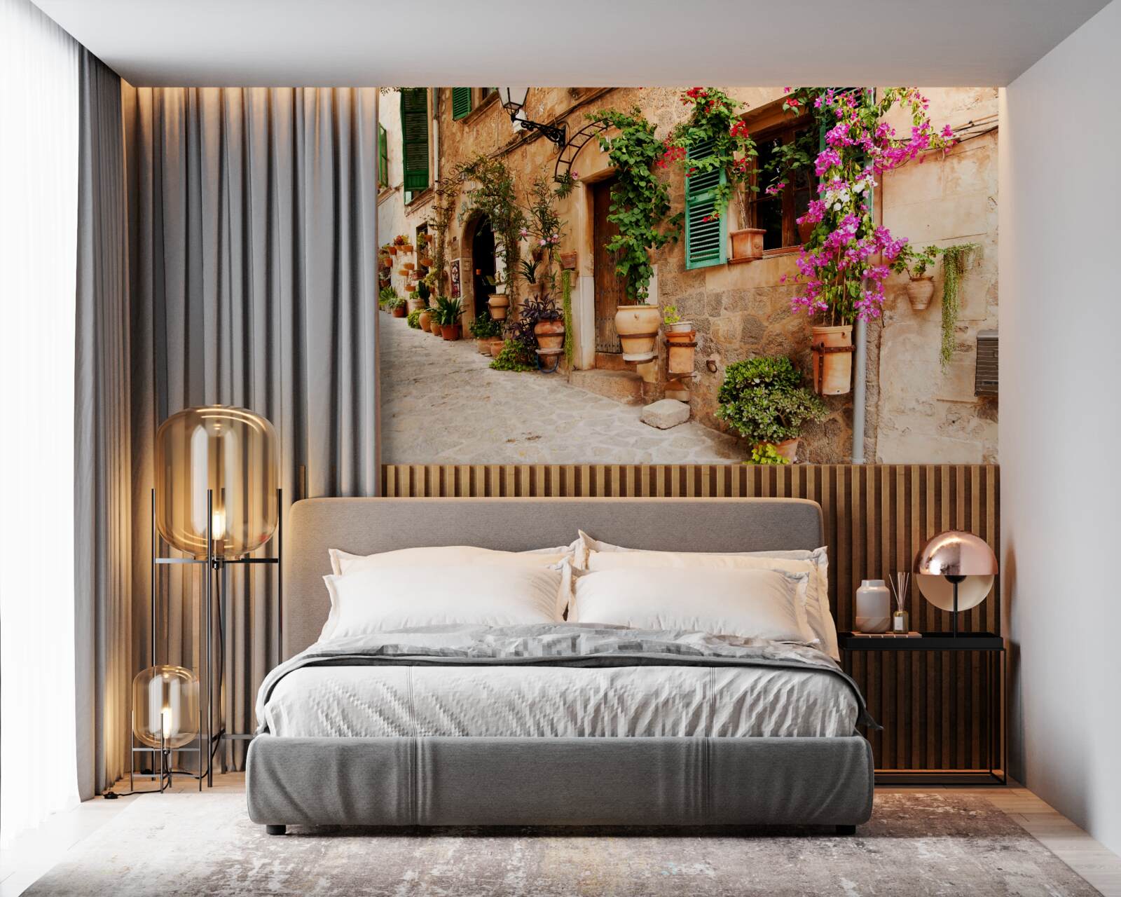 Fototapeta starobylá šikmá ulica zdobená kvetmi