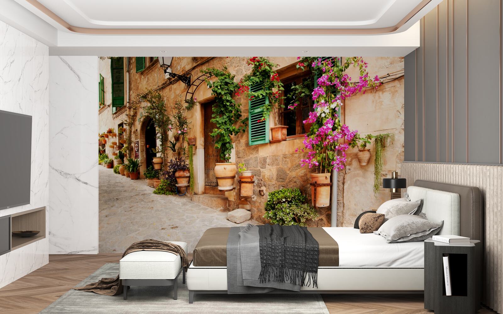 Fototapeta starobylá šikmá ulica zdobená kvetmi