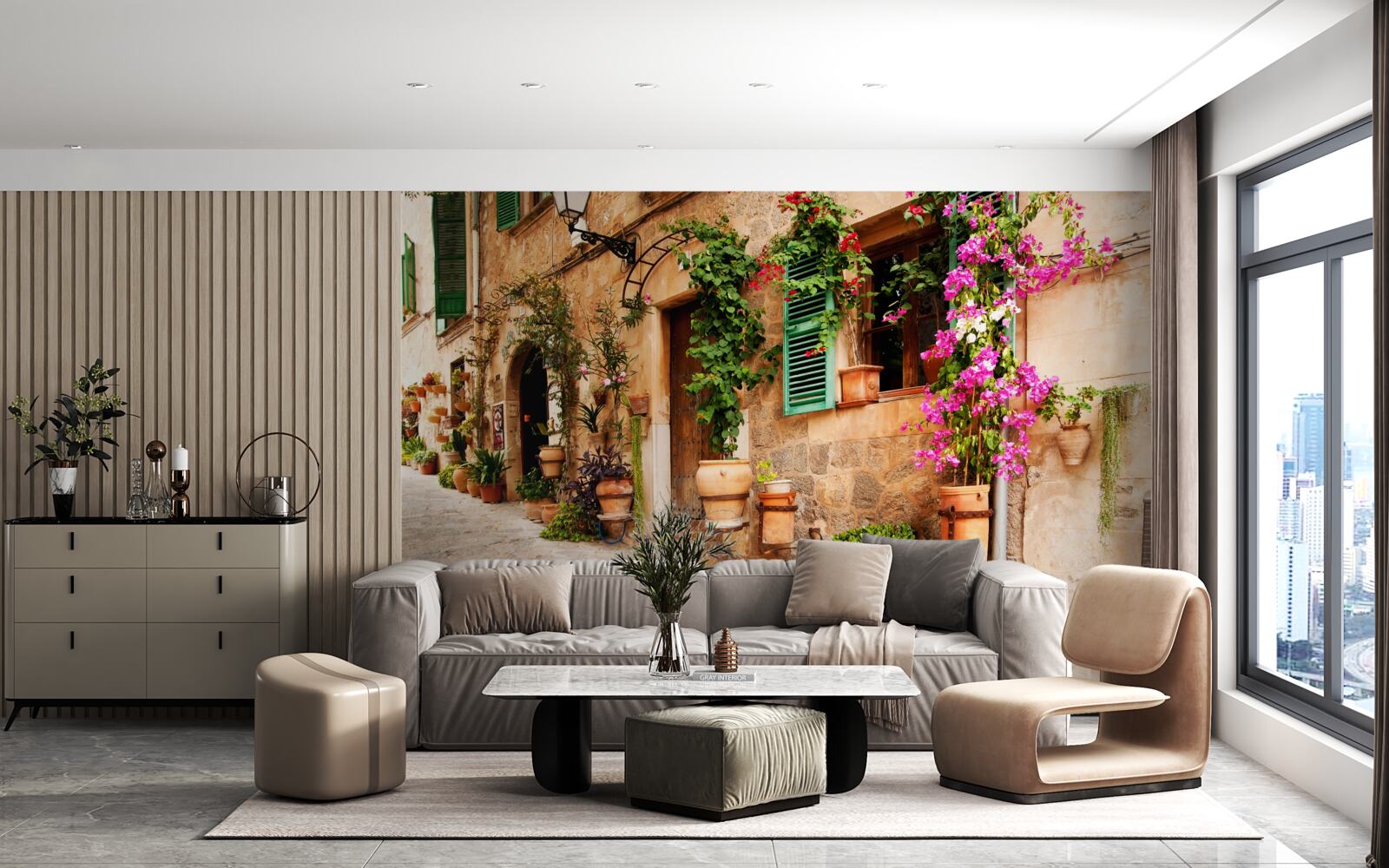 Fototapeta starobylá šikmá ulica zdobená kvetmi