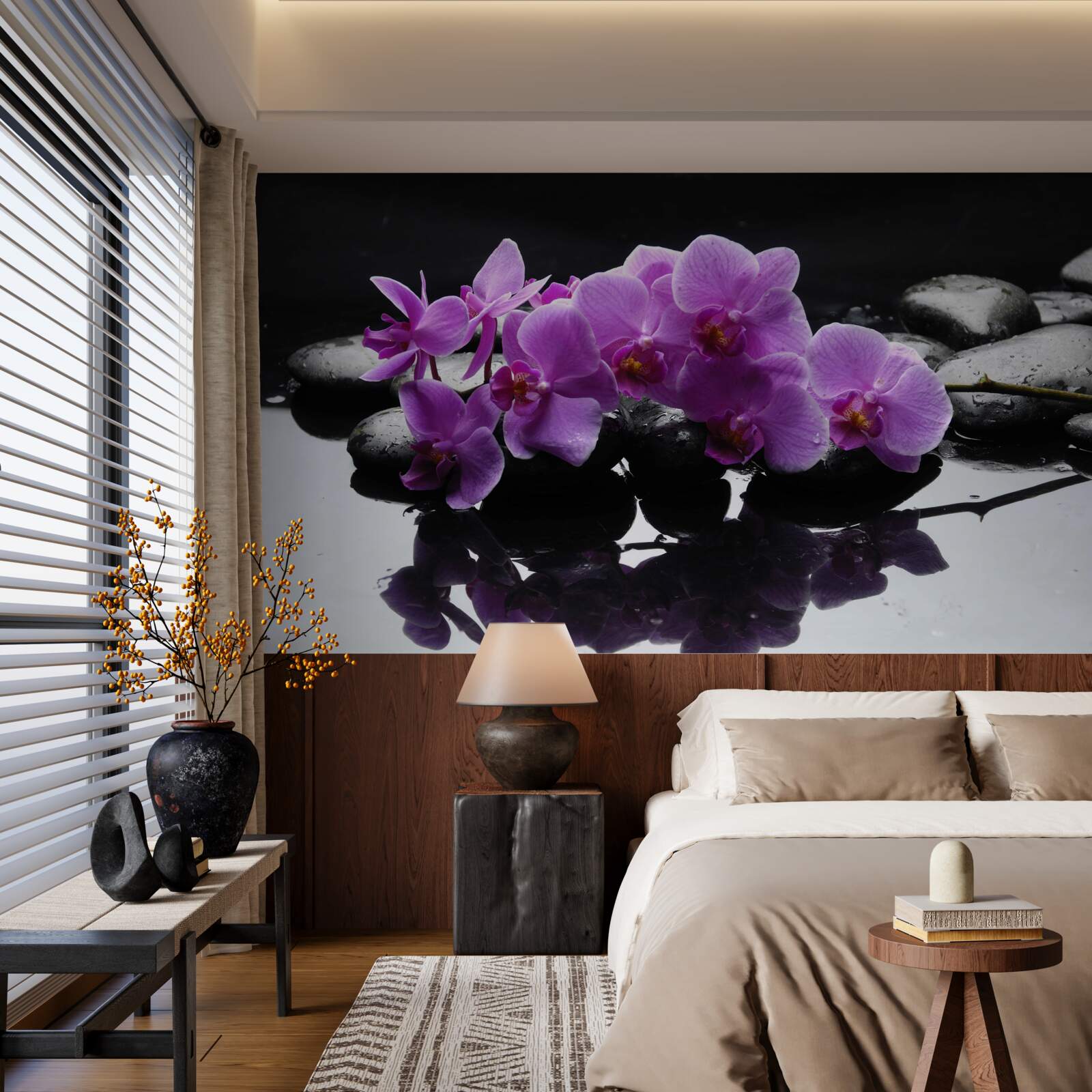 Fototapeta orgovánová orchidea na kameni pri vode