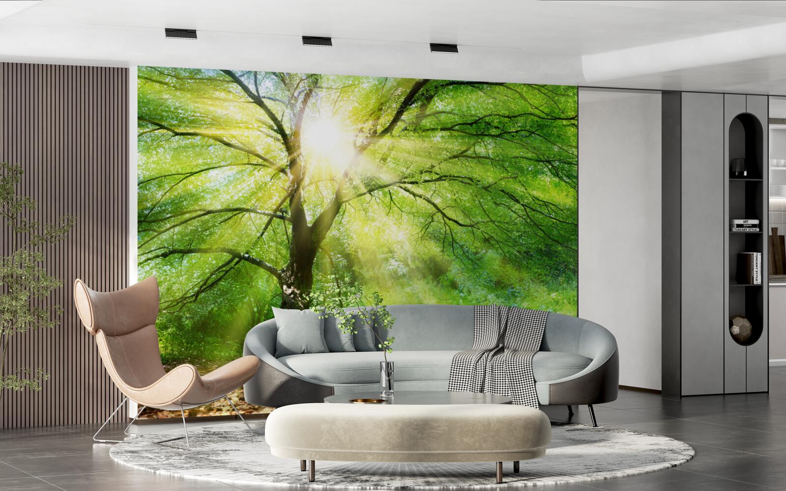 Fototapeta cez sviežu korunu stromu presvitajú svetelné lúče slnečného svetla