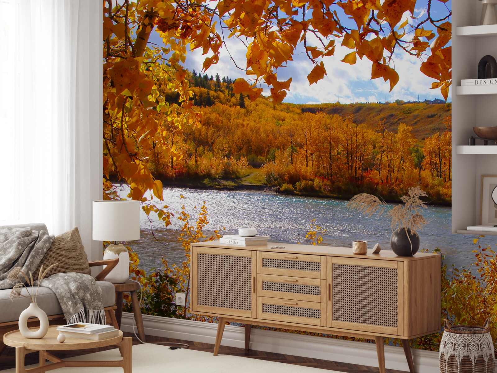 Fototapeta zlatá jeseň v hustom lese pri rieke