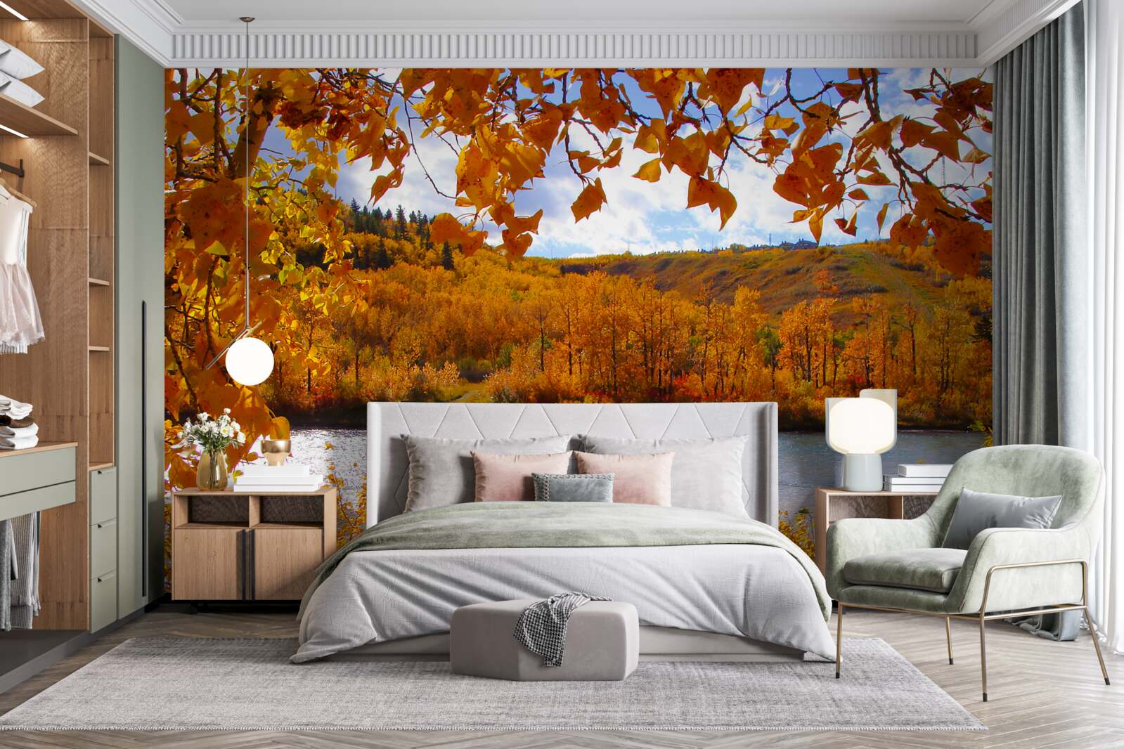 Fototapeta zlatá jeseň v hustom lese pri rieke