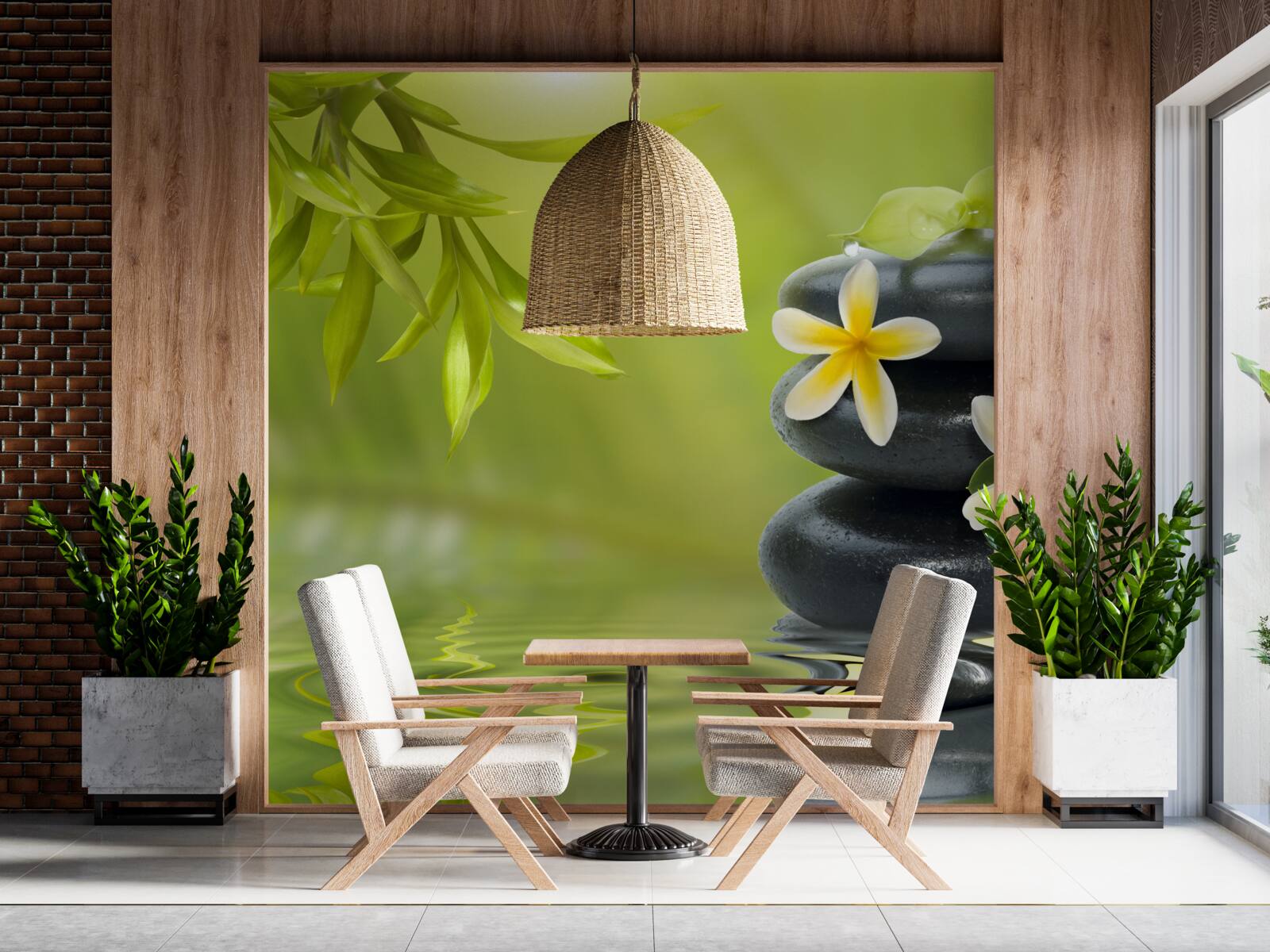 Fototapeta Žlté kvety na tmavom kameni pri vode