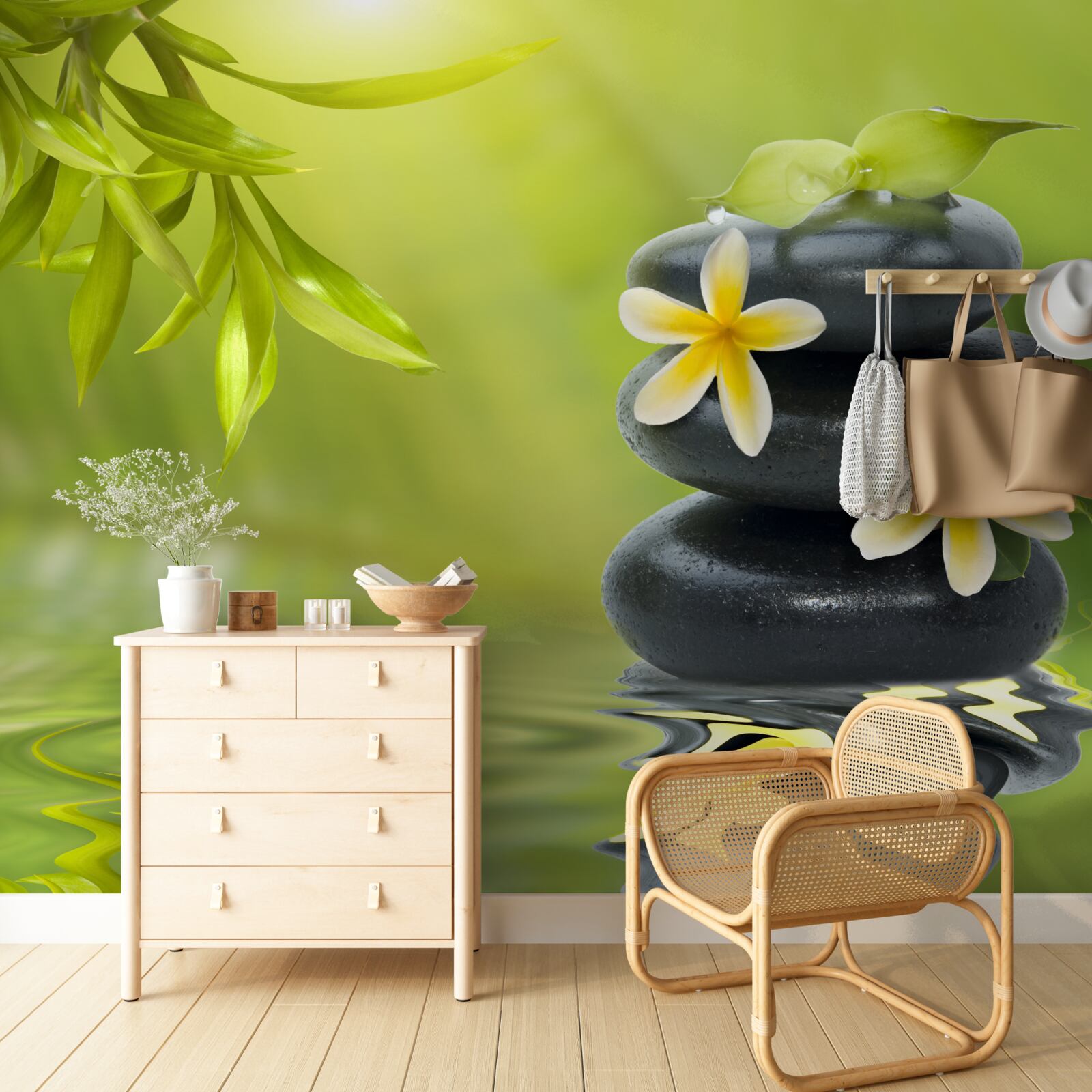 Fototapeta Žlté kvety na tmavom kameni pri vode