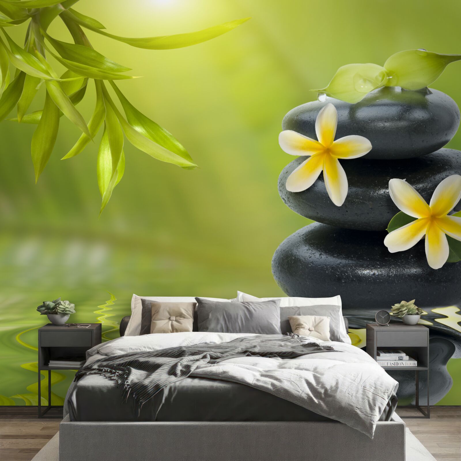 Fototapeta Žlté kvety na tmavom kameni pri vode