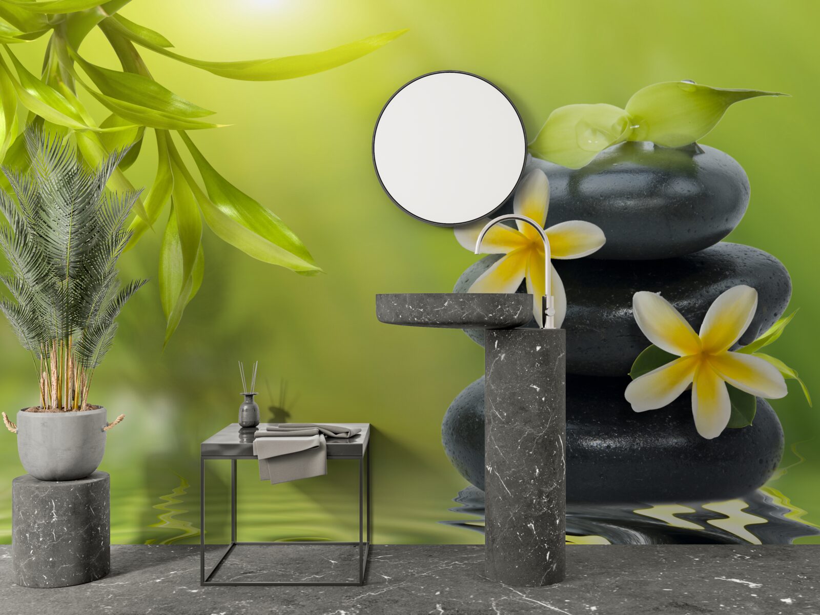 Fototapeta Žlté kvety na tmavom kameni pri vode