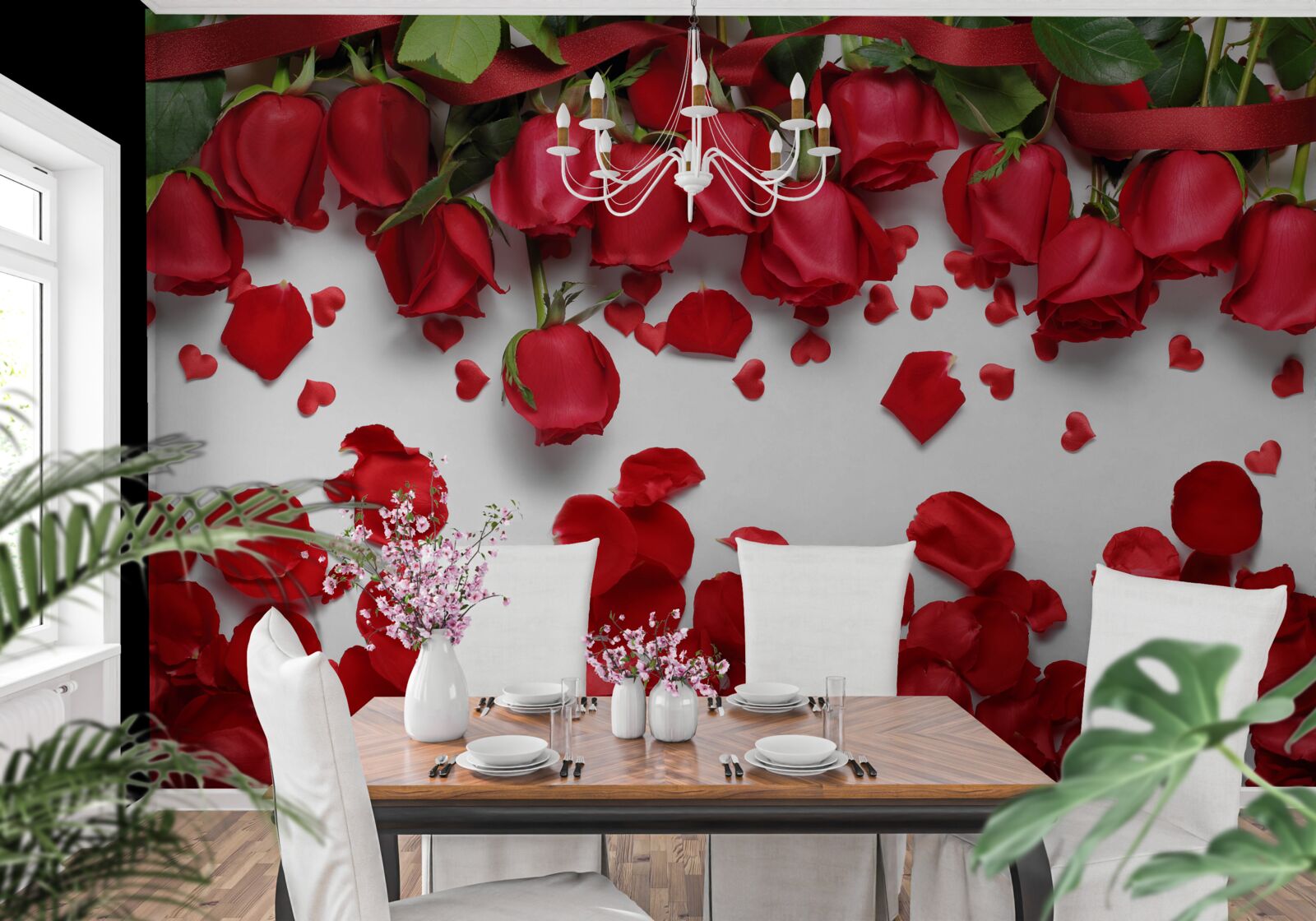 Fototapeta z červených a šarlátových ruží padajú okvetné lístky