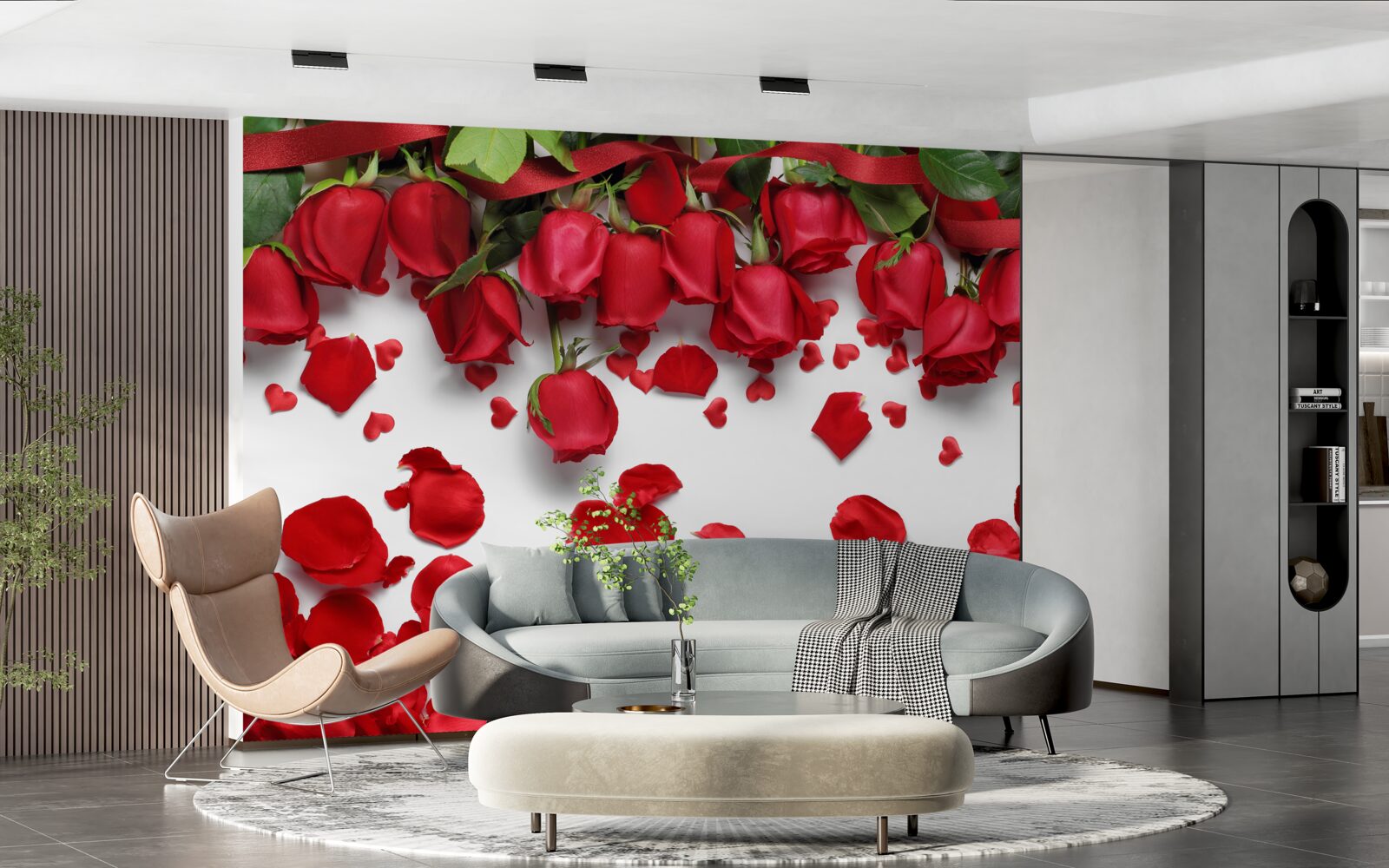 Fototapeta z červených a šarlátových ruží padajú okvetné lístky