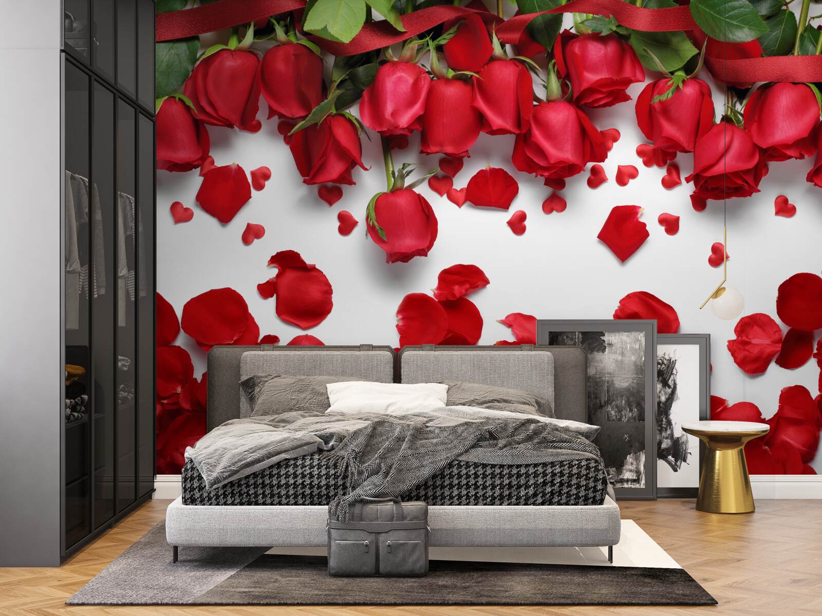 Fototapeta z červených a šarlátových ruží padajú okvetné lístky