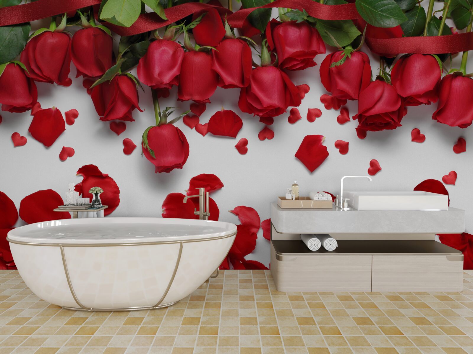 Fototapeta z červených a šarlátových ruží padajú okvetné lístky