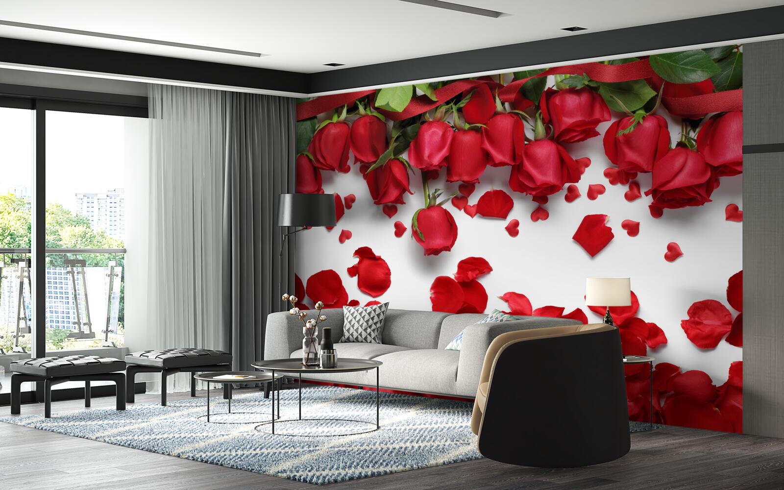 Fototapeta z červených a šarlátových ruží padajú okvetné lístky