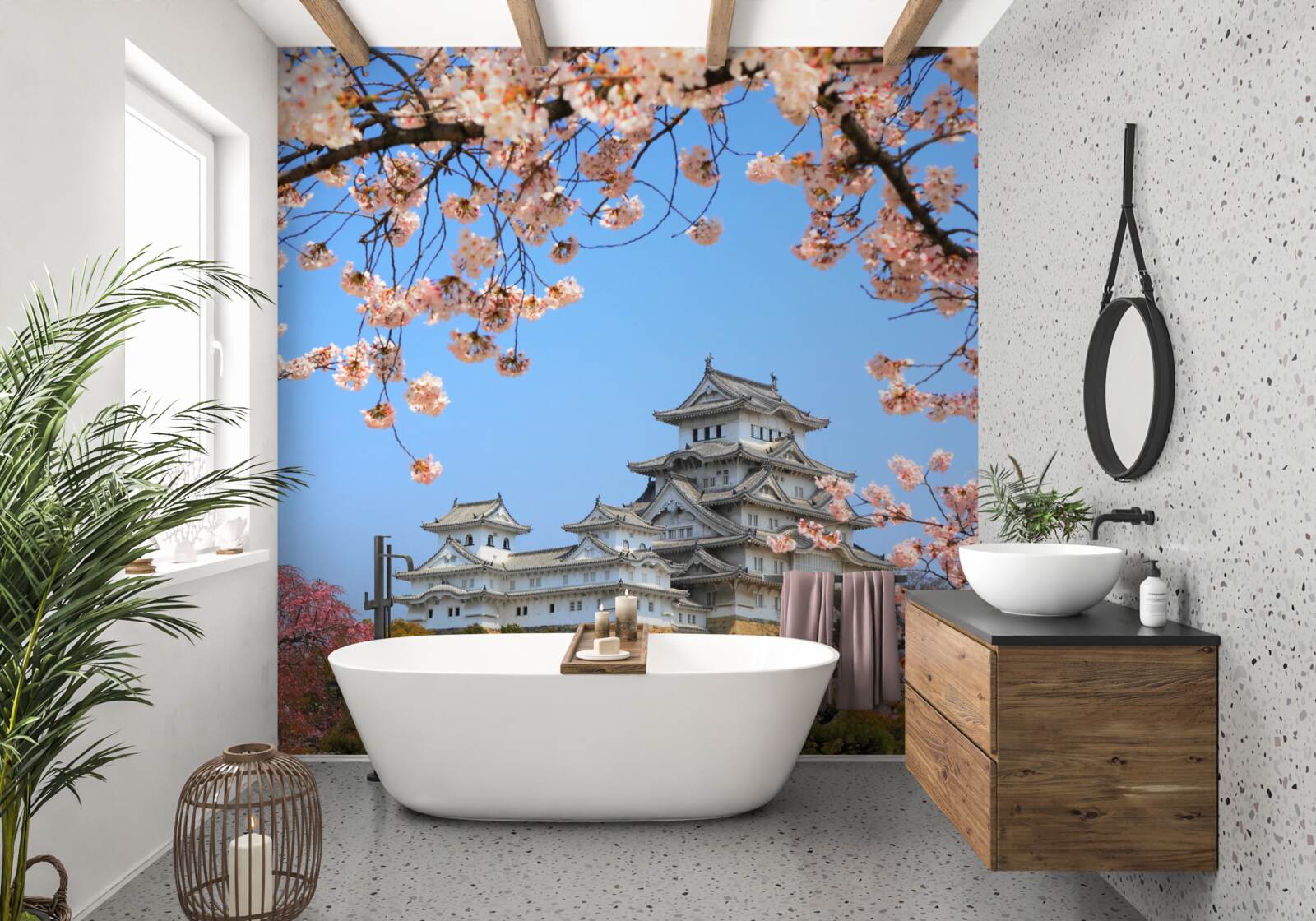 Fototapeta Staroveký japonský kostol pokrytý sakurou