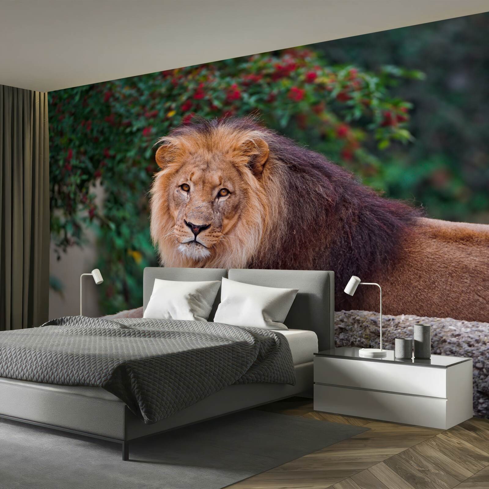 Fototapeta dospelý lev sedí na skale a čaká naľavo