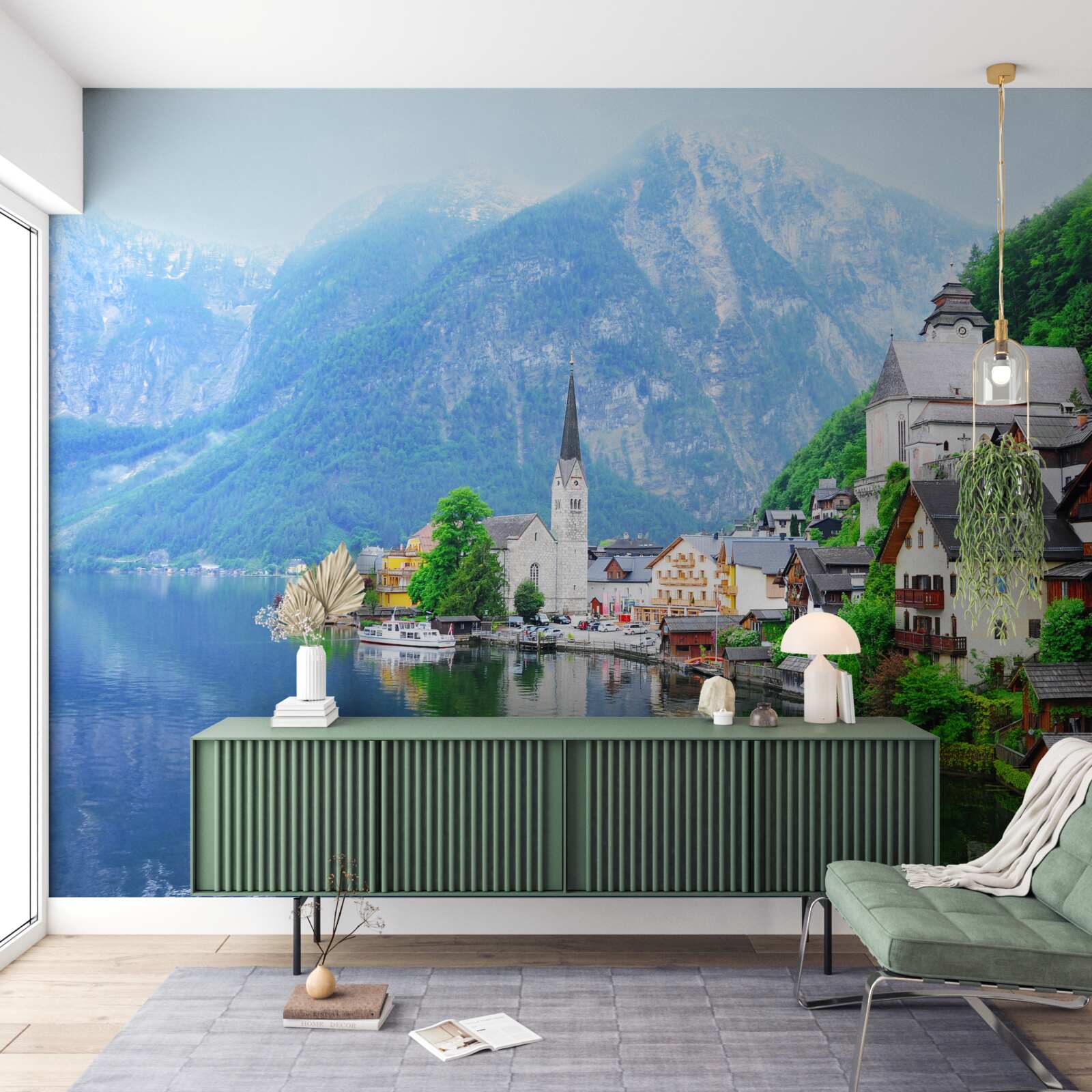 Fototapeta pokojná švajčiarska dedina na úpätí hory vedľa rybníka