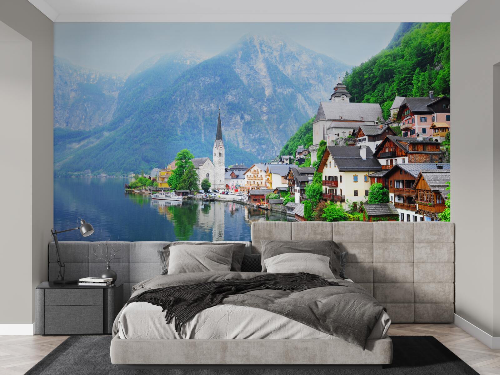 Fototapeta pokojná švajčiarska dedina na úpätí hory vedľa rybníka