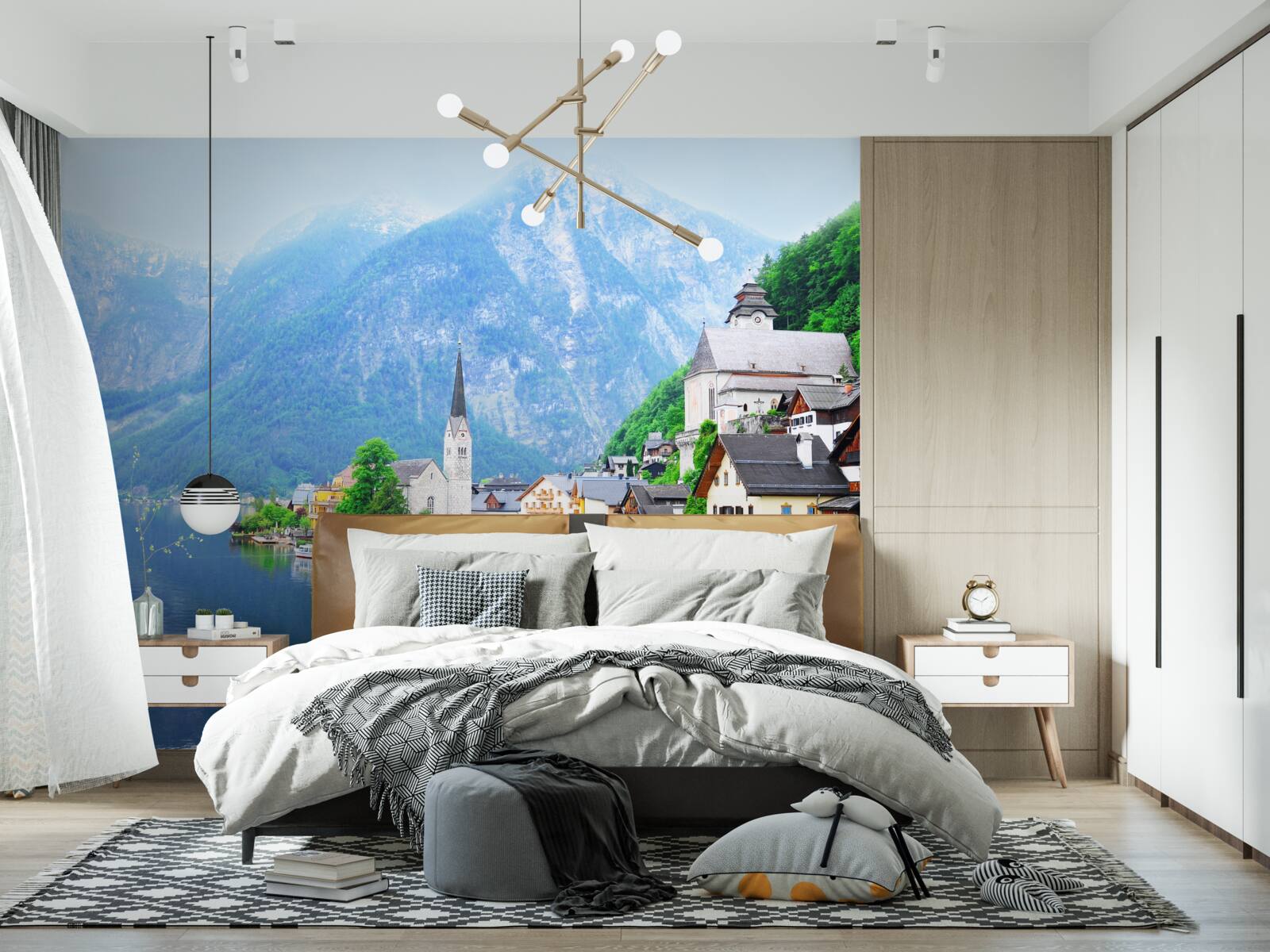 Fototapeta pokojná švajčiarska dedina na úpätí hory vedľa rybníka