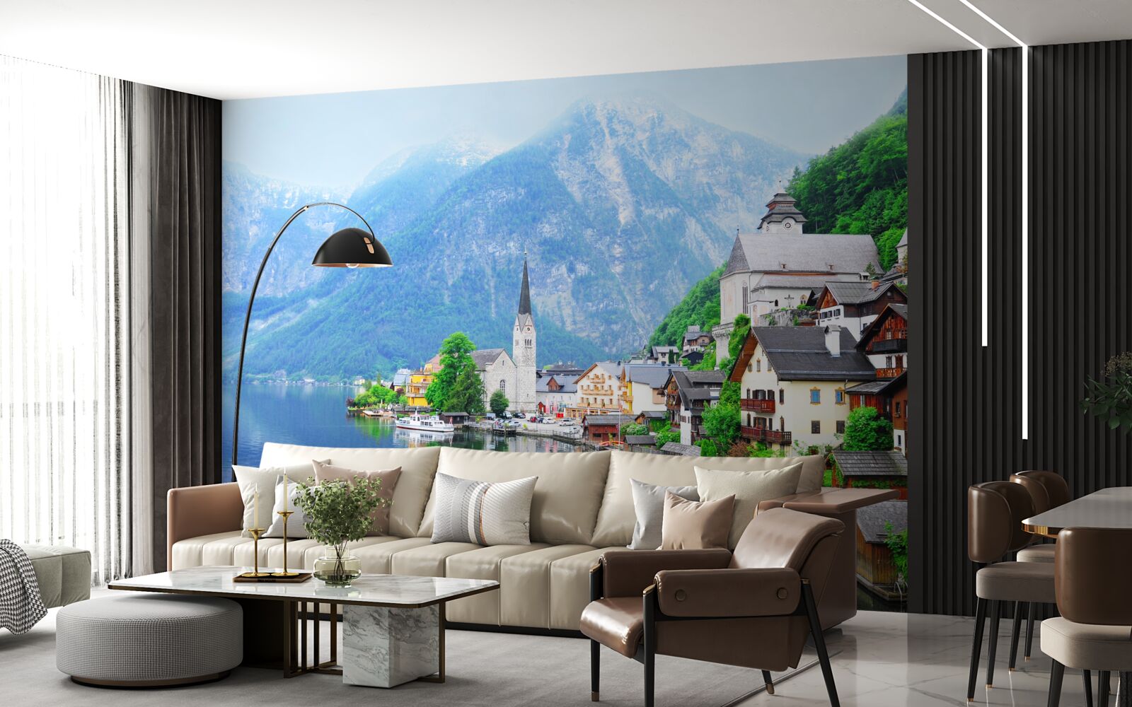 Fototapeta pokojná švajčiarska dedina na úpätí hory vedľa rybníka