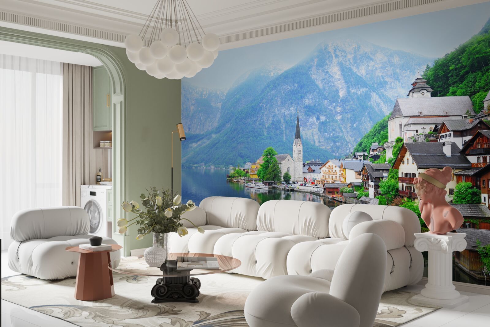 Fototapeta pokojná švajčiarska dedina na úpätí hory vedľa rybníka