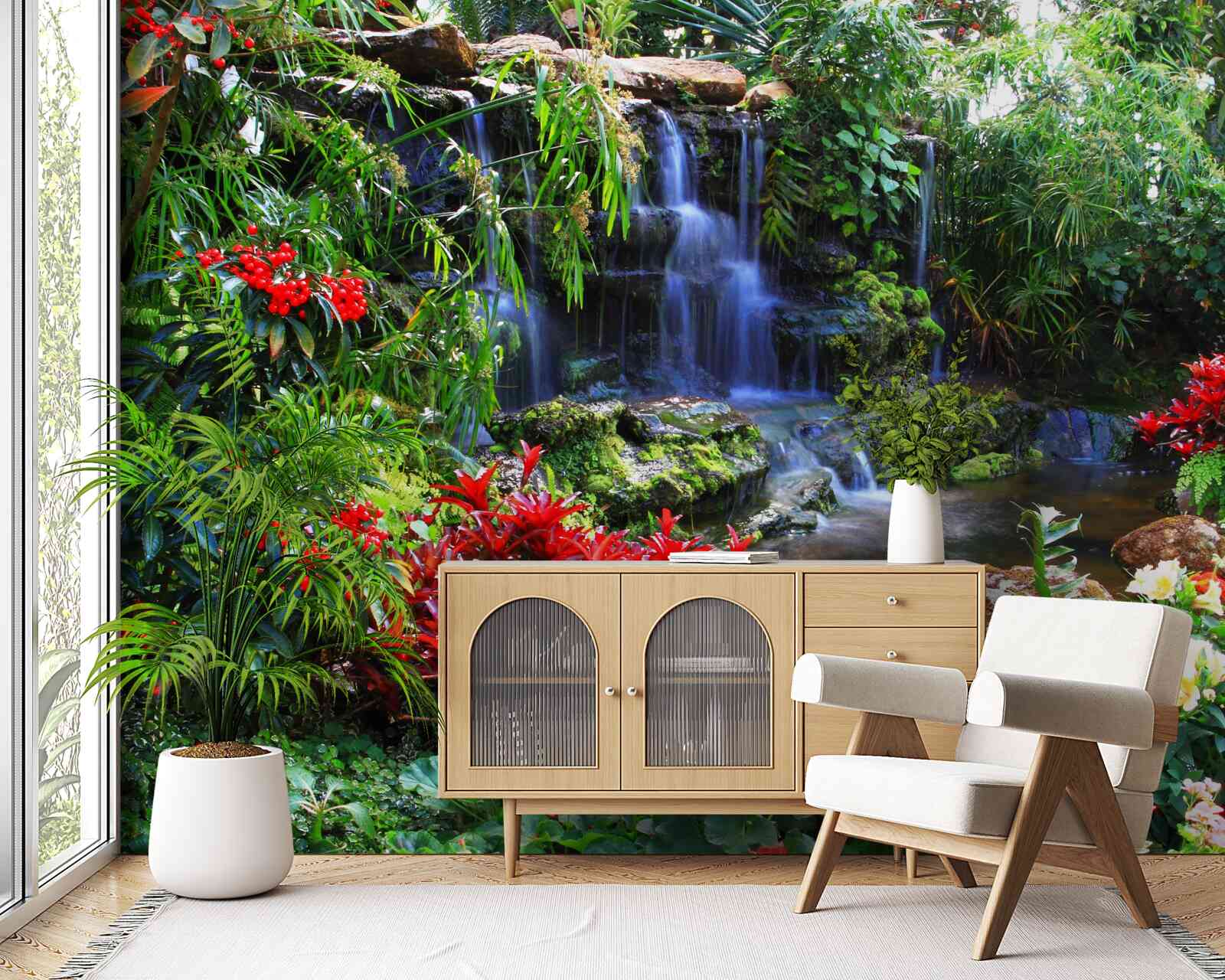 Fototapeta magické mesto pri vodopáde, obklopené kvetmi