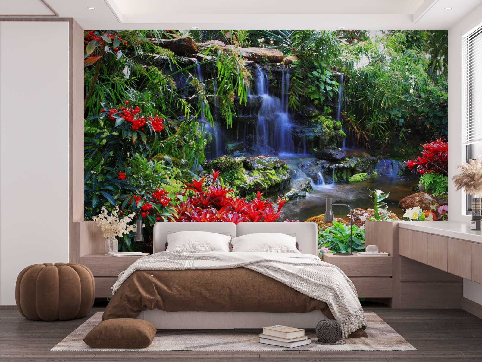 Fototapeta magické mesto pri vodopáde, obklopené kvetmi