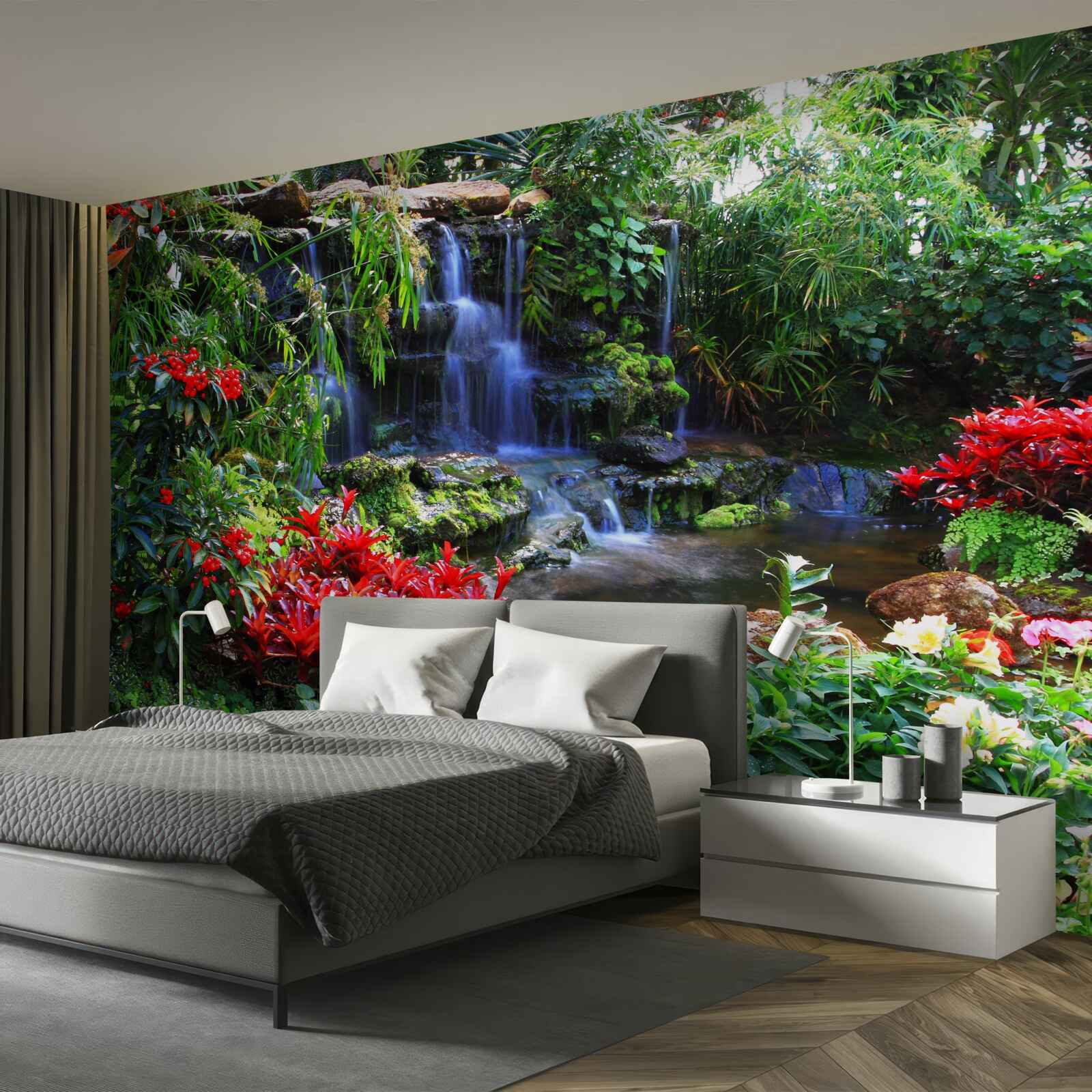 Fototapeta magické mesto pri vodopáde, obklopené kvetmi