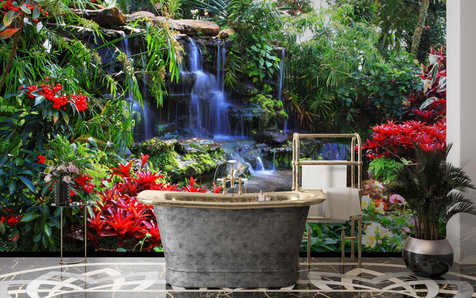 Fototapeta magické mesto pri vodopáde, obklopené kvetmi