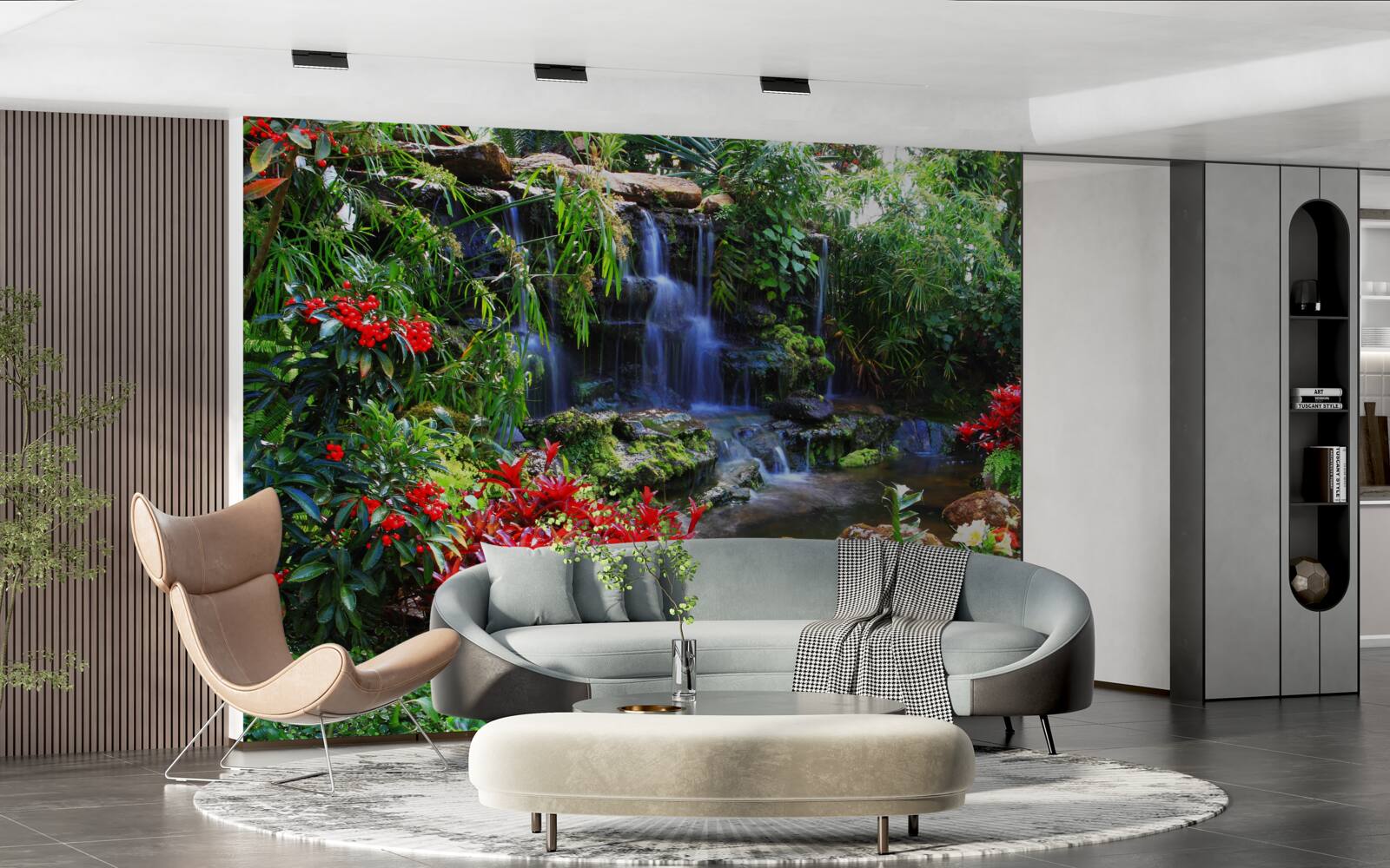 Fototapeta magické mesto pri vodopáde, obklopené kvetmi