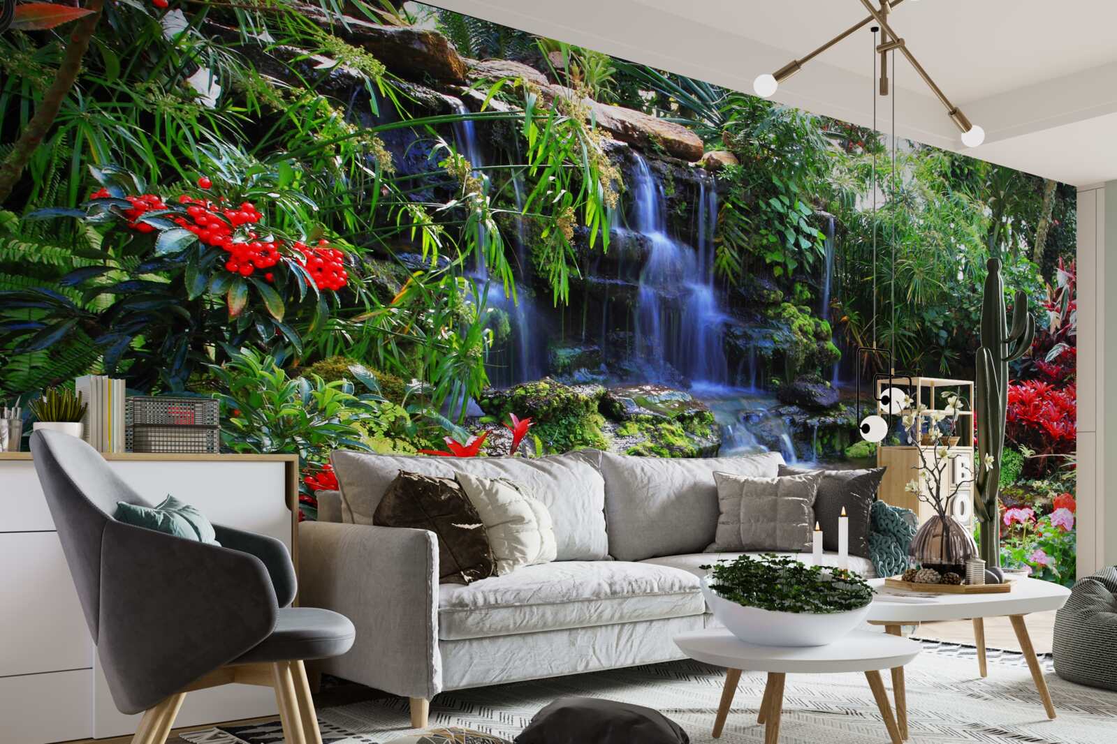 Fototapeta magické mesto pri vodopáde, obklopené kvetmi