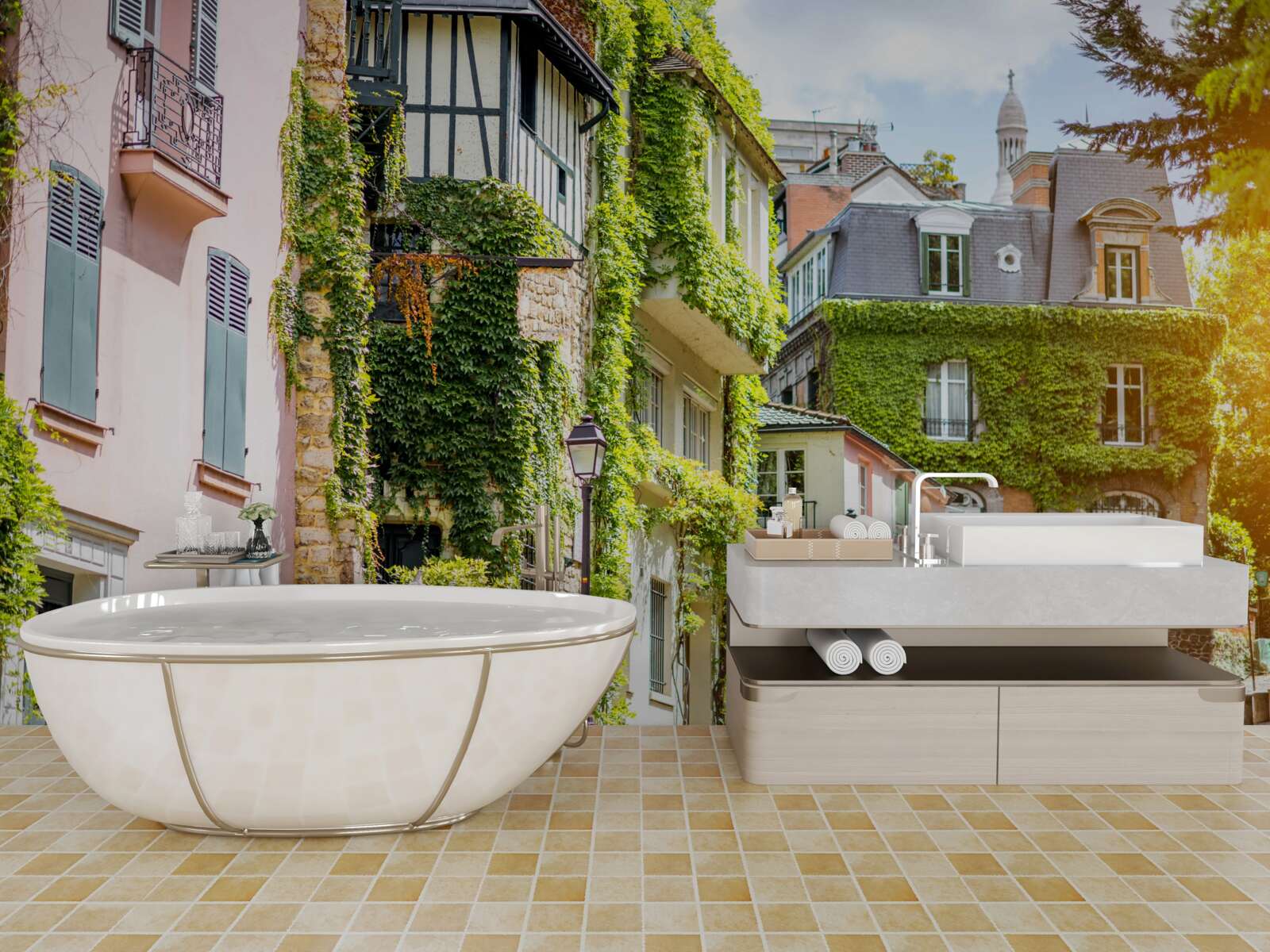 Fototapeta staré domy pokryté červenými malinami