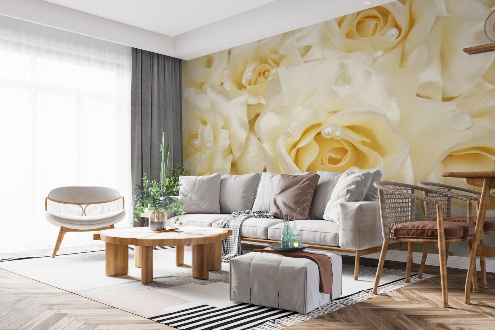 Fototapeta kompozícia ruží s mäkkými bielymi šošovkami a žltým stredom