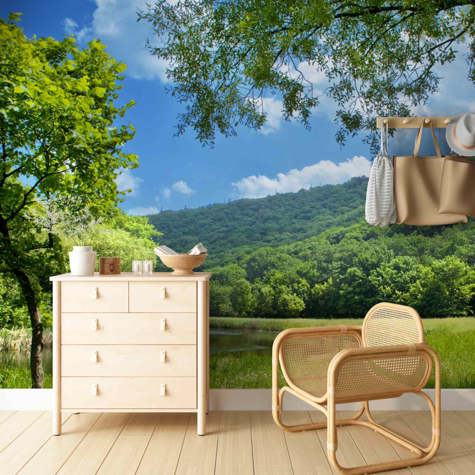 Fototapeta svetlý, svetlý dizajn na zelenej lúke v lese