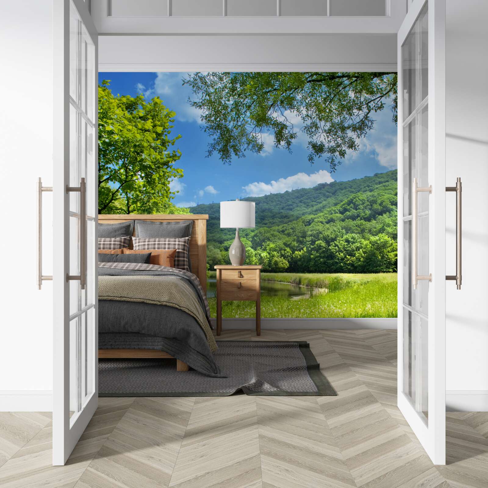 Fototapeta svetlý, svetlý dizajn na zelenej lúke v lese