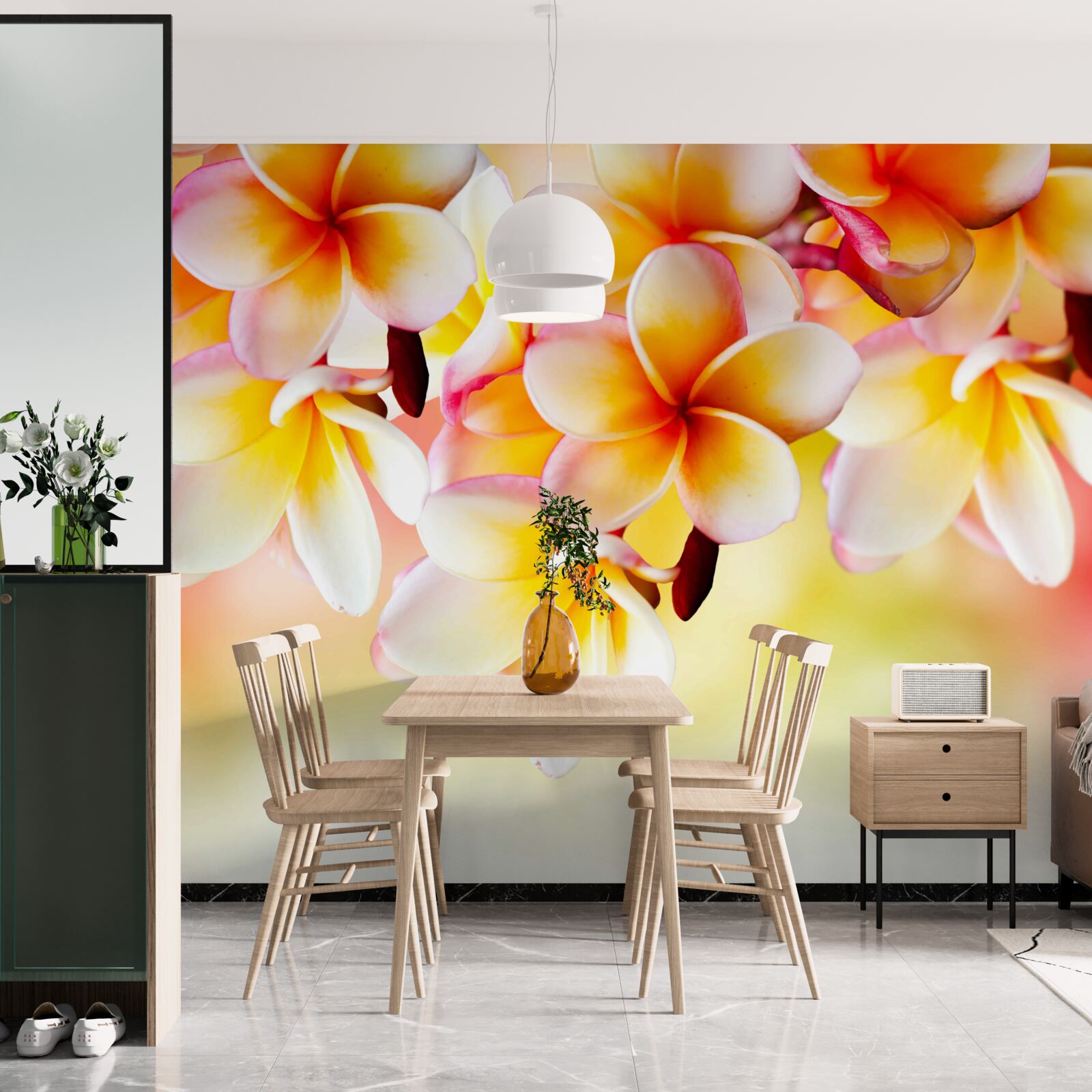 Fototapeta biele a oranžové kvety visia nad vodnou hladinou