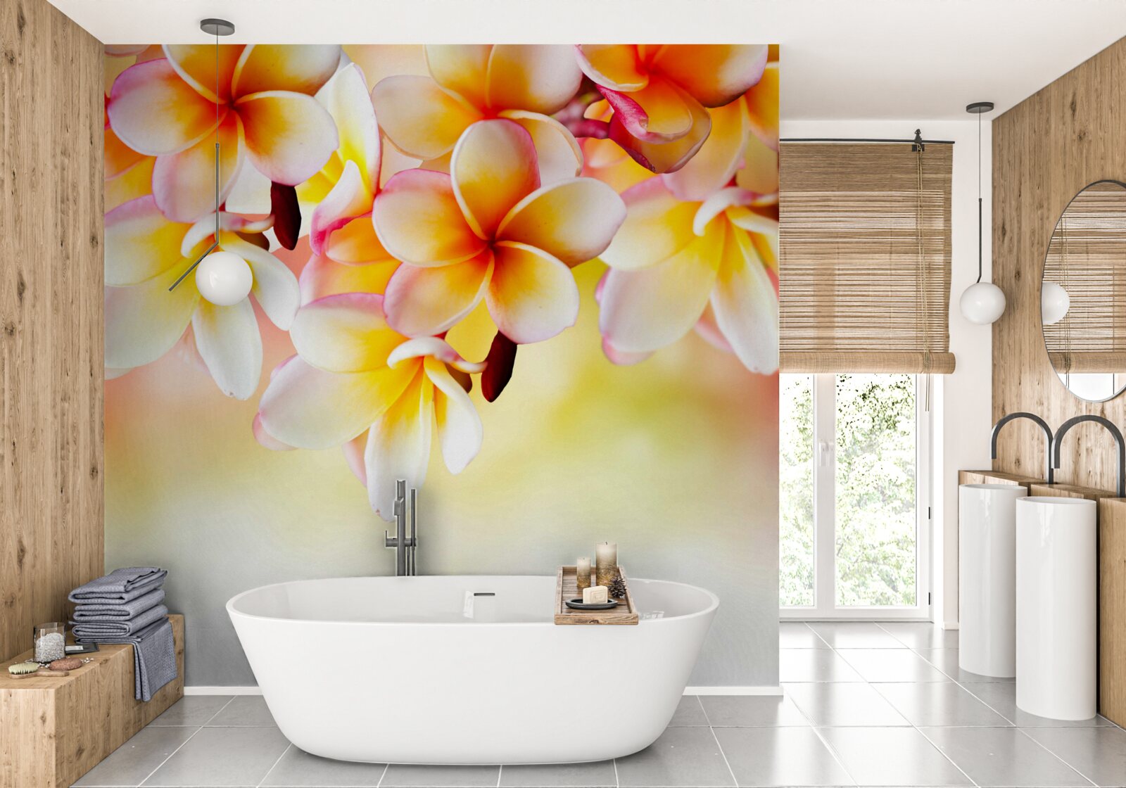 Fototapeta biele a oranžové kvety visia nad vodnou hladinou