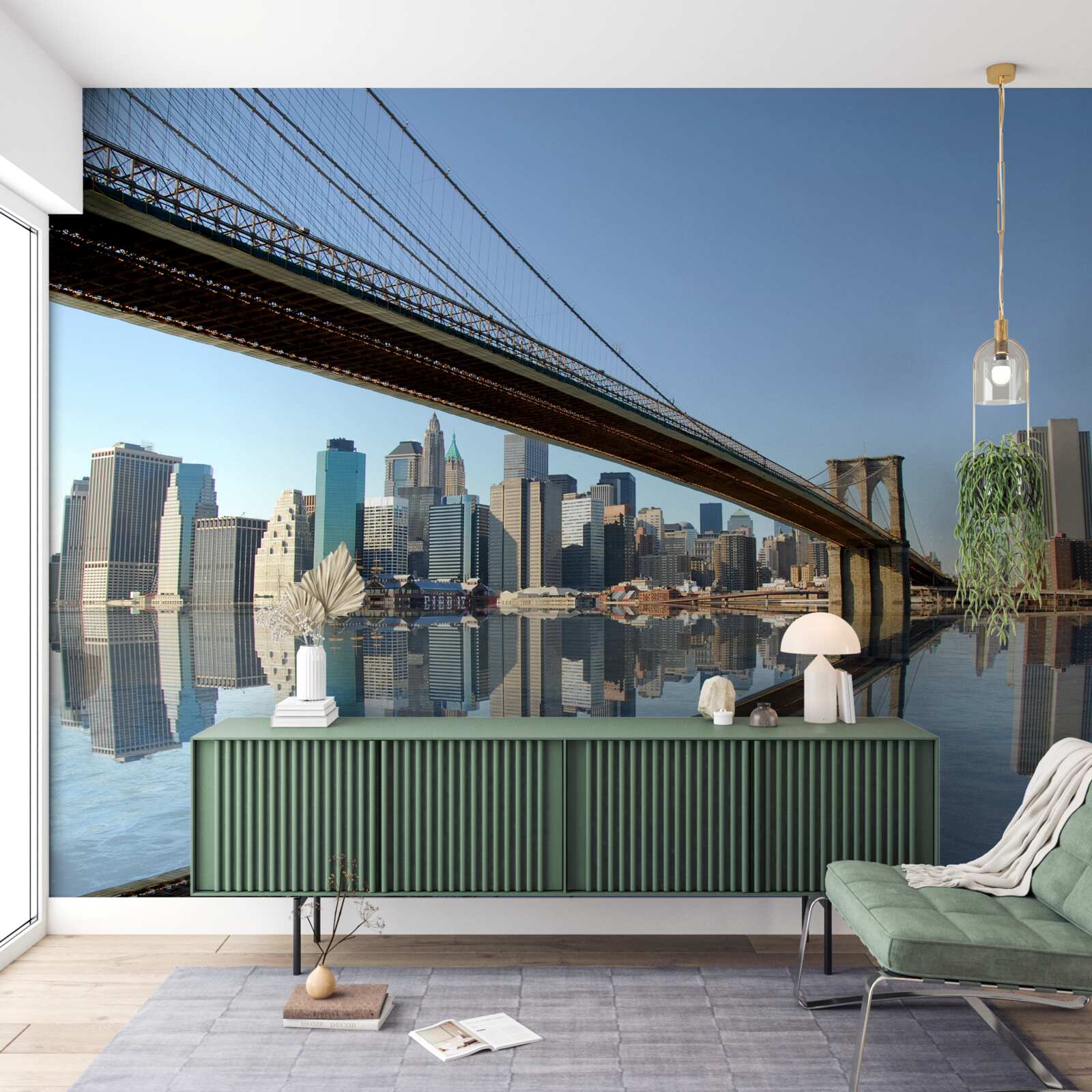 Fototapeta cez rieku a vedúci most do veľkého mesta