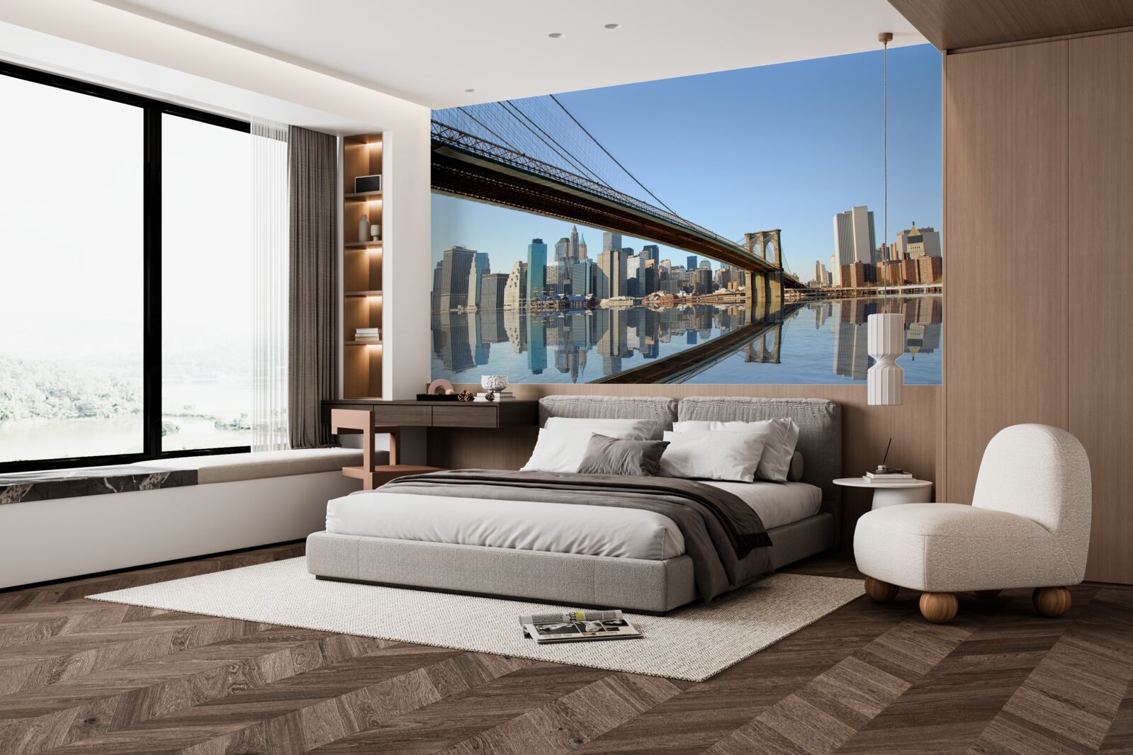 Fototapeta cez rieku a vedúci most do veľkého mesta