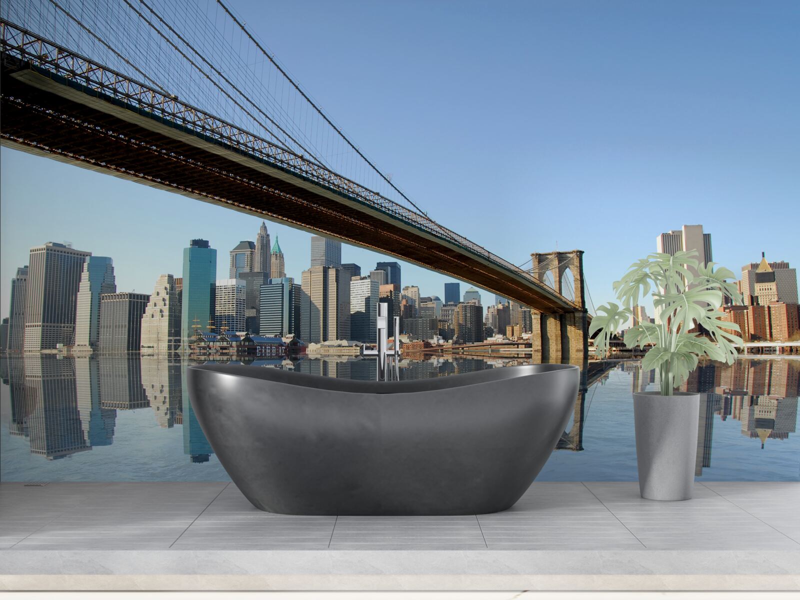 Fototapeta cez rieku a vedúci most do veľkého mesta