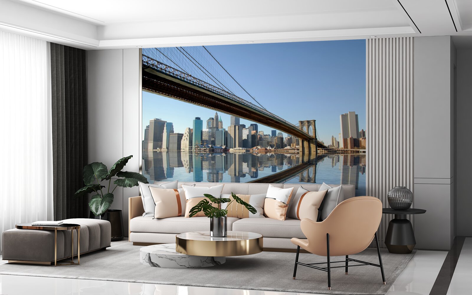 Fototapeta cez rieku a vedúci most do veľkého mesta