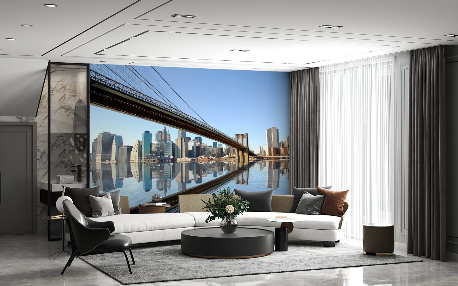 Fototapeta cez rieku a vedúci most do veľkého mesta