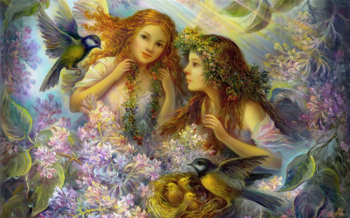 Fototapeta vtáky sa rozprávajú s dvoma dievčatami medzi kvetmi