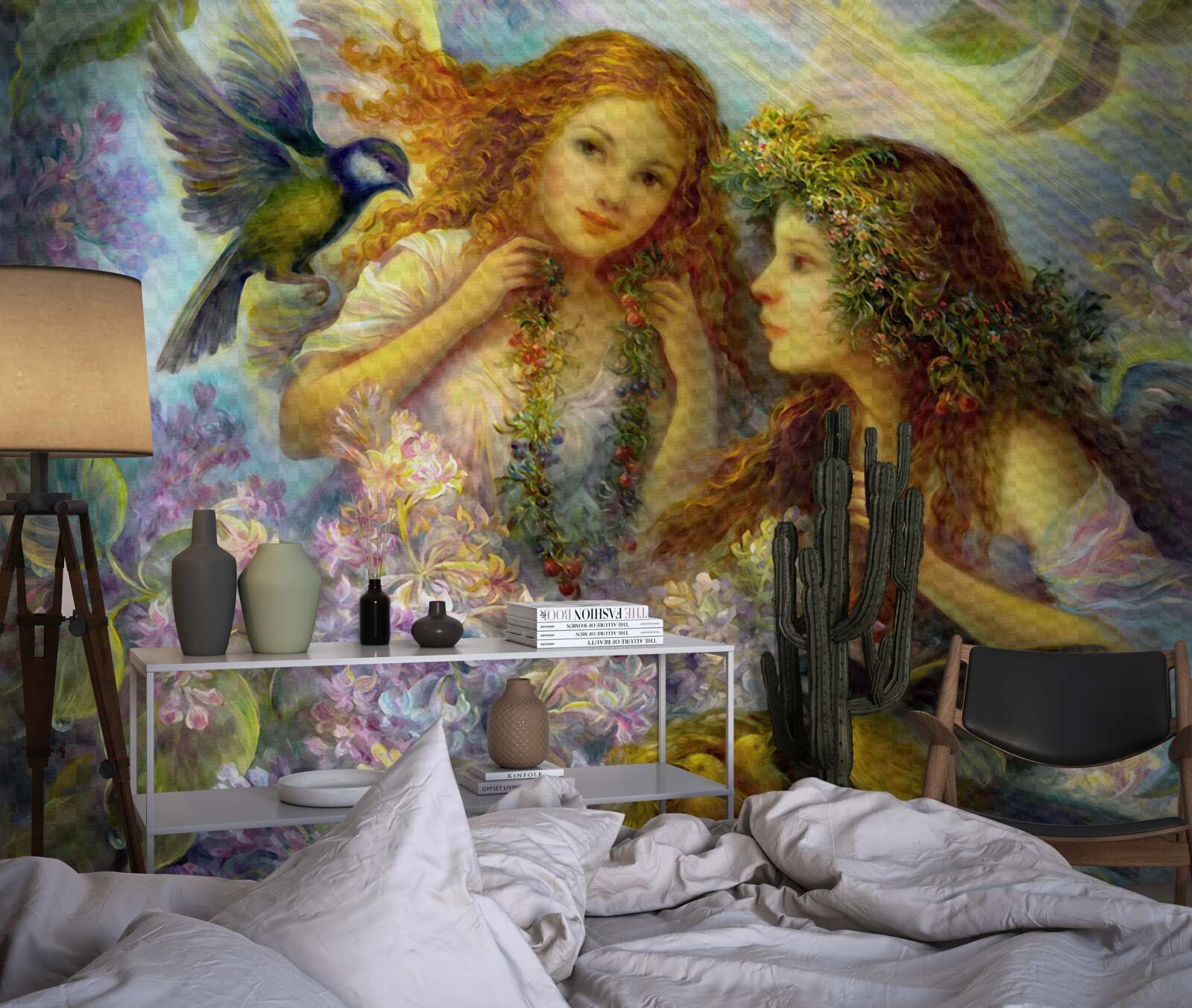 Fototapeta vtáky sa rozprávajú s dvoma dievčatami medzi kvetmi