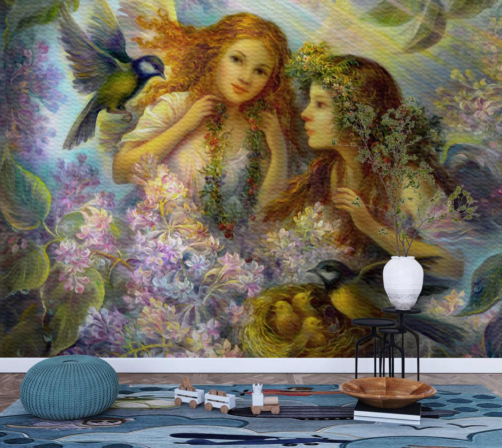 Fototapeta vtáky sa rozprávajú s dvoma dievčatami medzi kvetmi