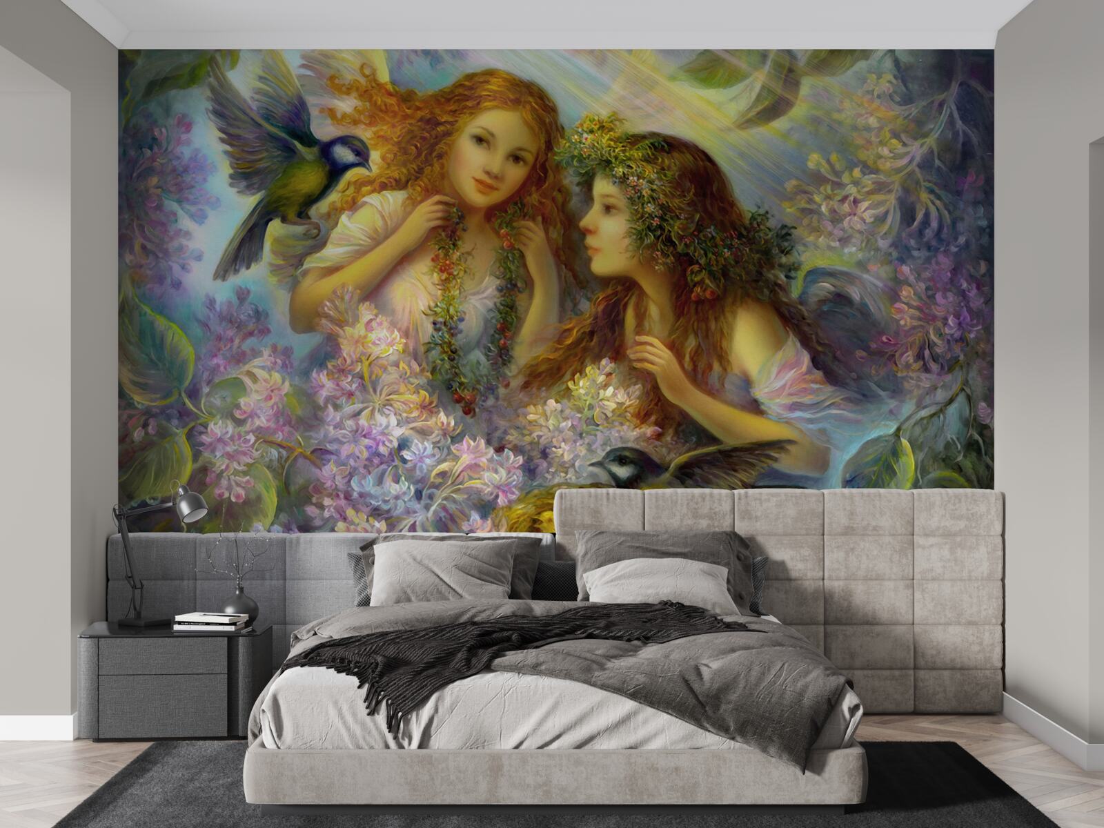 Fototapeta vtáky sa rozprávajú s dvoma dievčatami medzi kvetmi