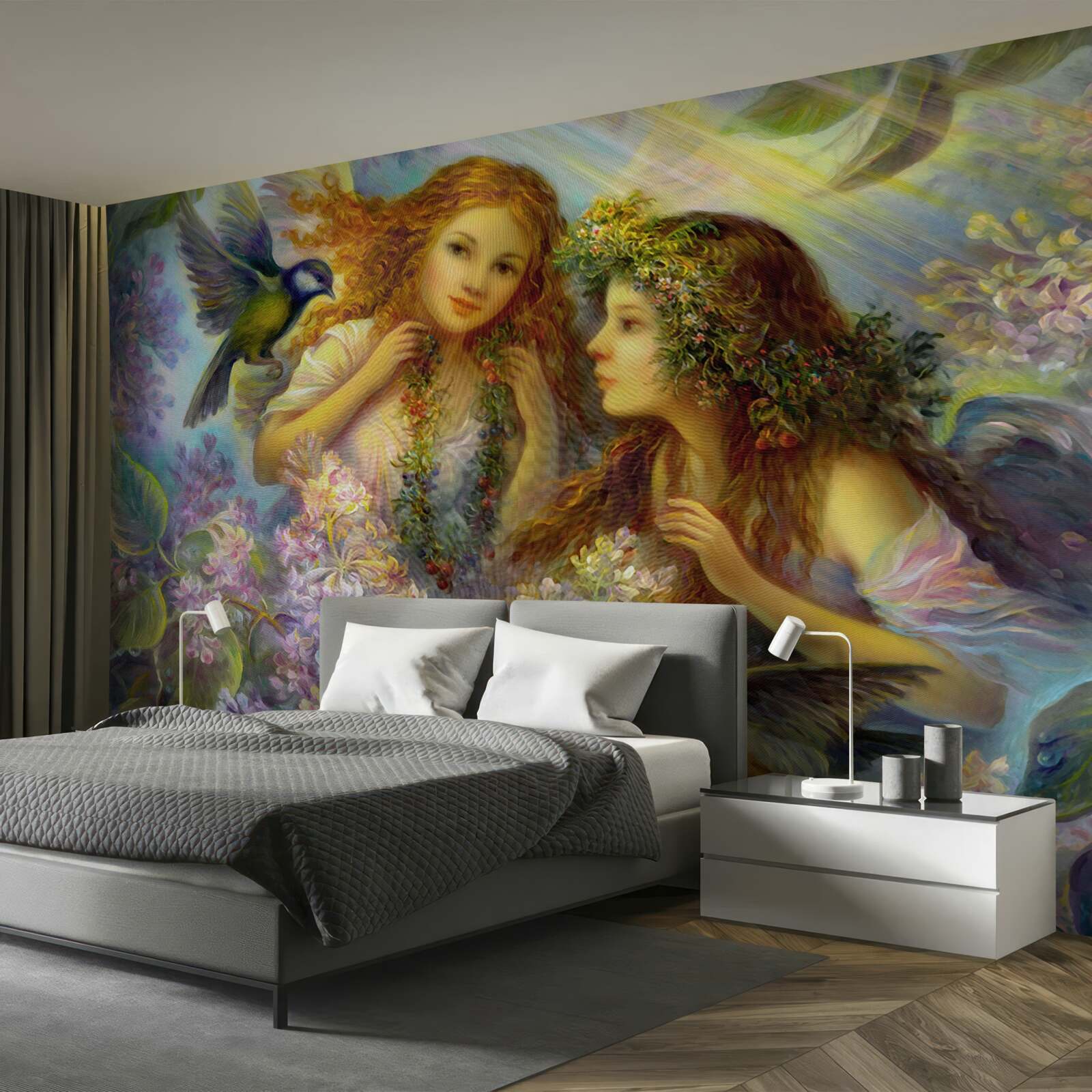 Fototapeta vtáky sa rozprávajú s dvoma dievčatami medzi kvetmi