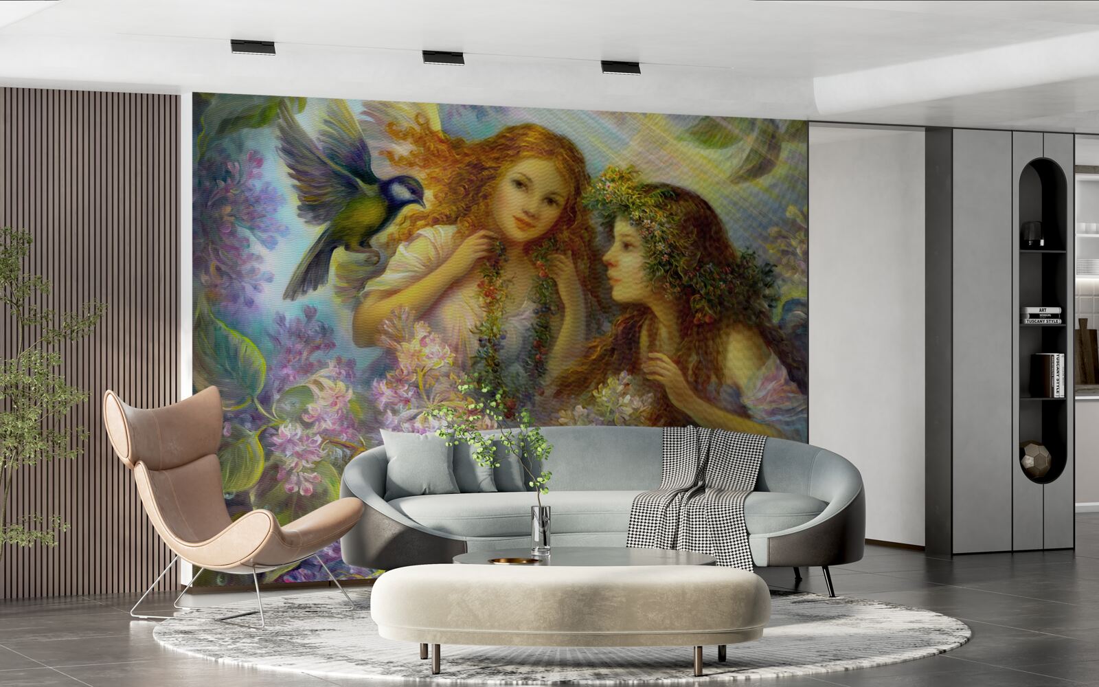 Fototapeta vtáky sa rozprávajú s dvoma dievčatami medzi kvetmi