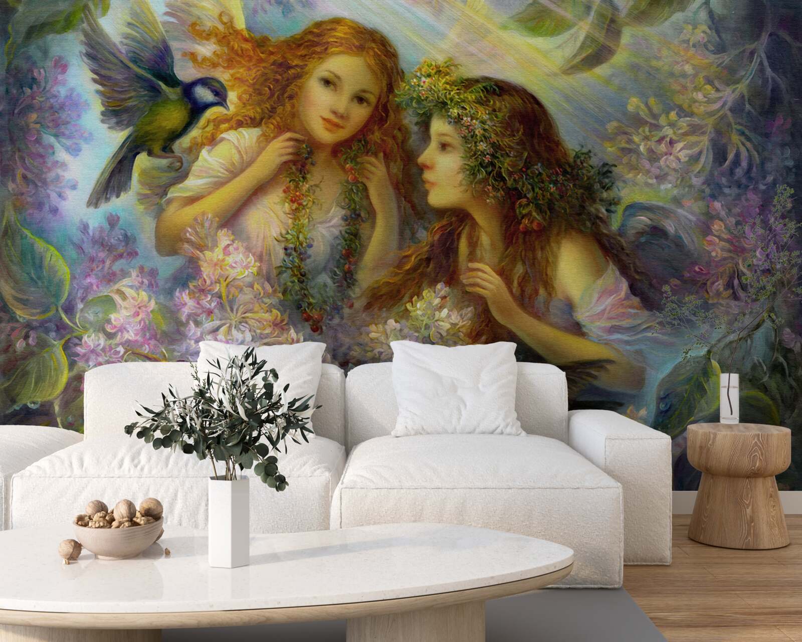 Fototapeta vtáky sa rozprávajú s dvoma dievčatami medzi kvetmi