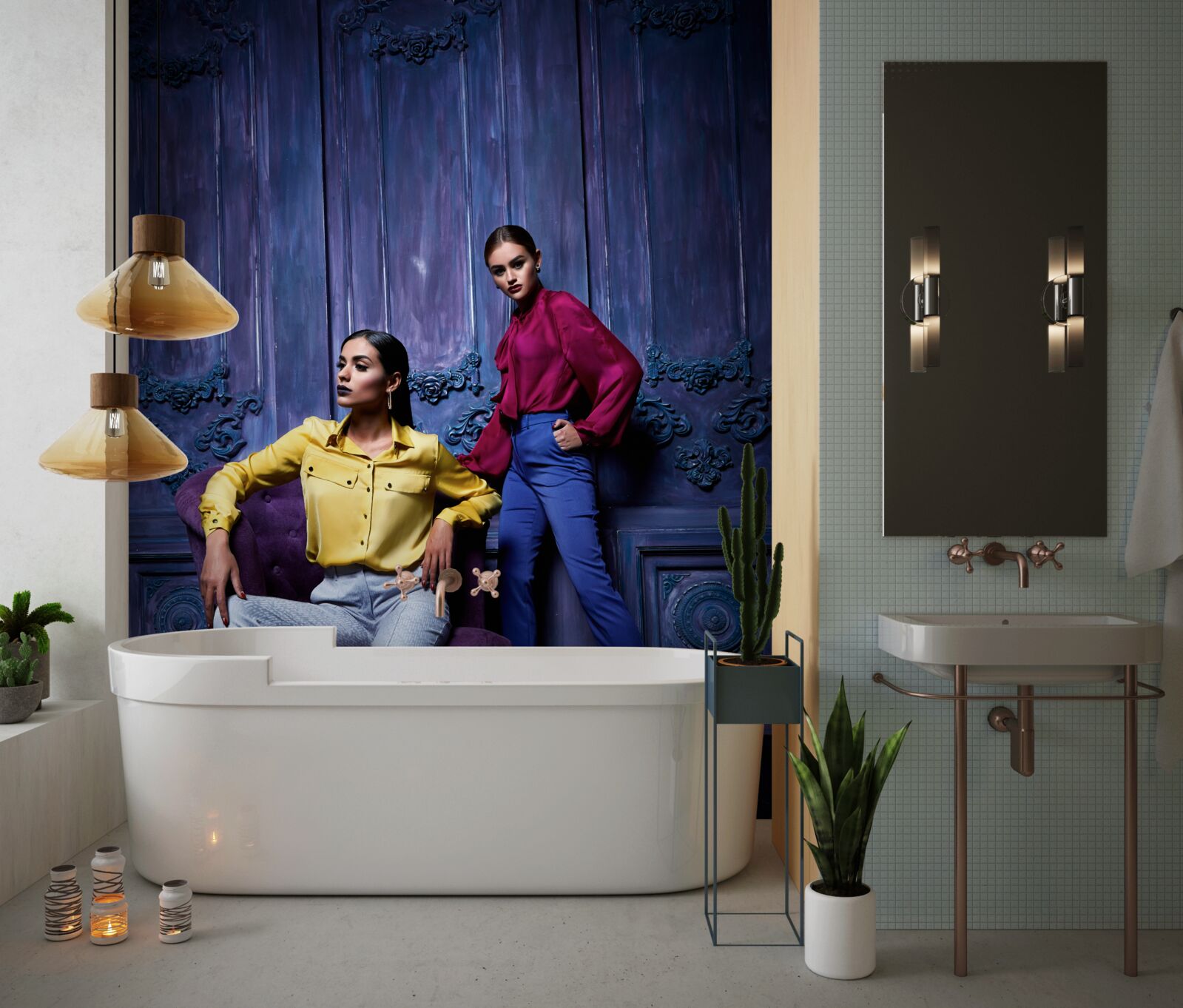 Fototapeta dievčatá v topánkach na vysokom opätku sa fotia pri starobylej stene